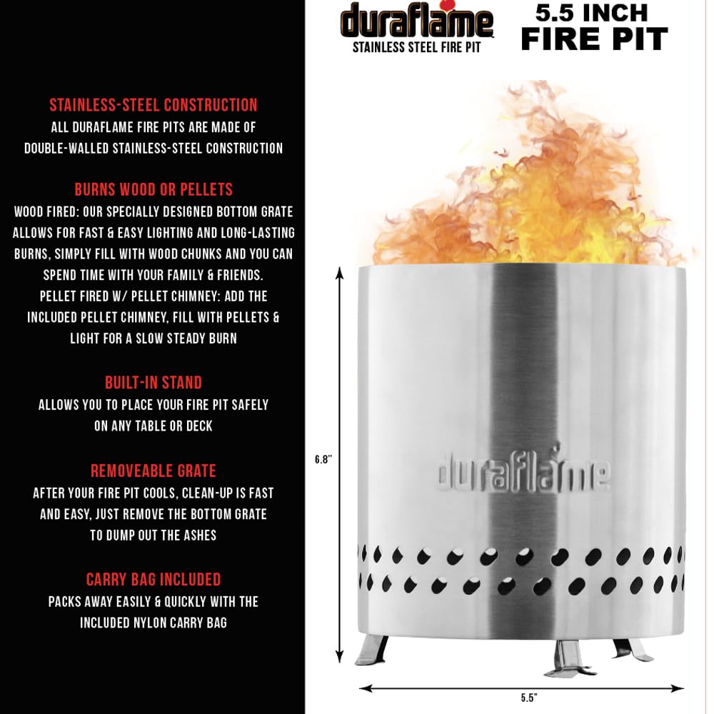 Duraflame Portable Smokeless Outdoor Fire Pit, Double-Walled Stainless-Steel Design, 19.5"