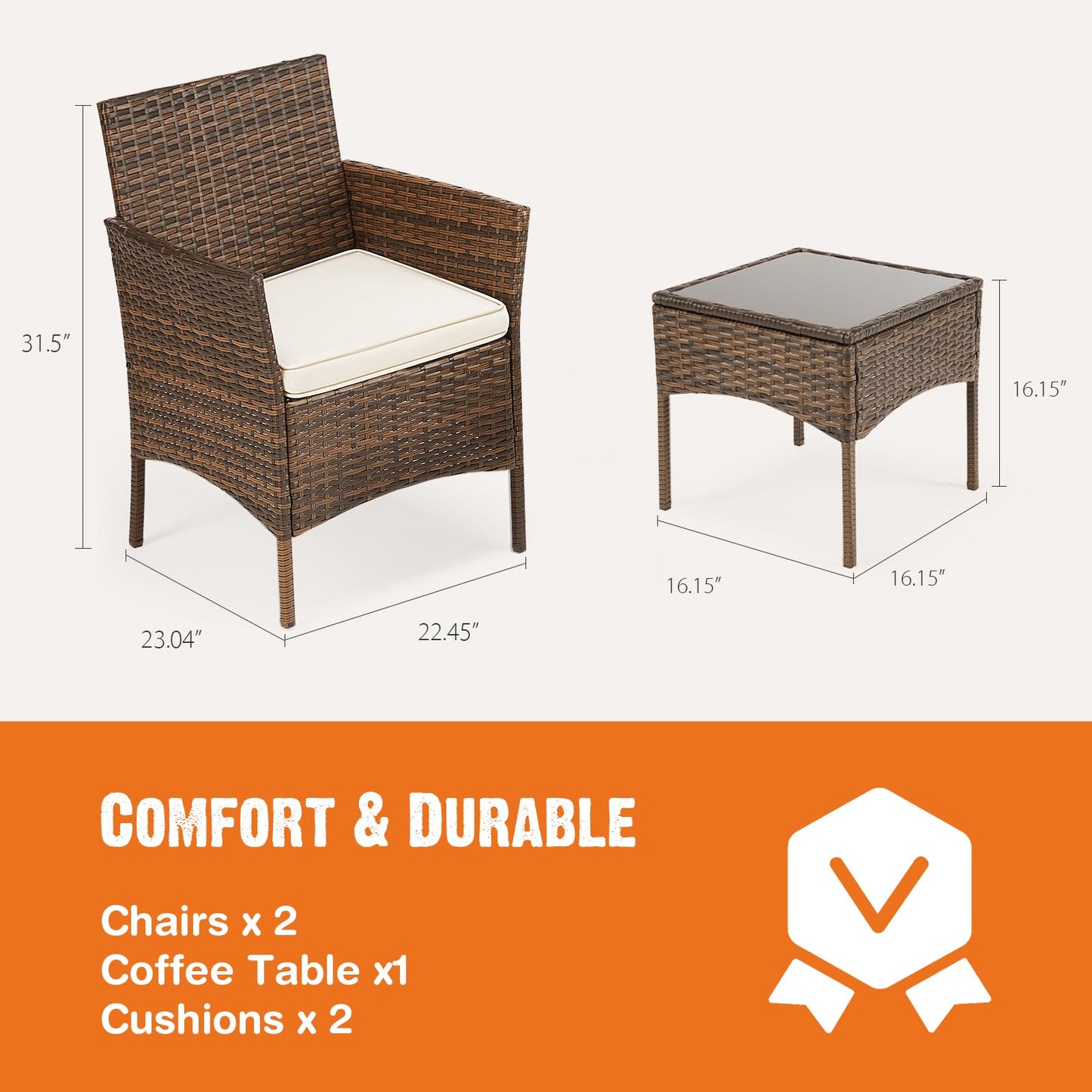 Patio Furniture Set 4 Pieces, Outdoor Furniture with Soft Cushion and Glass Table, All Weather Manual Weaving Wicker Rattan Patio Chairs for Garden, Terrace, Porch, Lawn (Black and Beige)