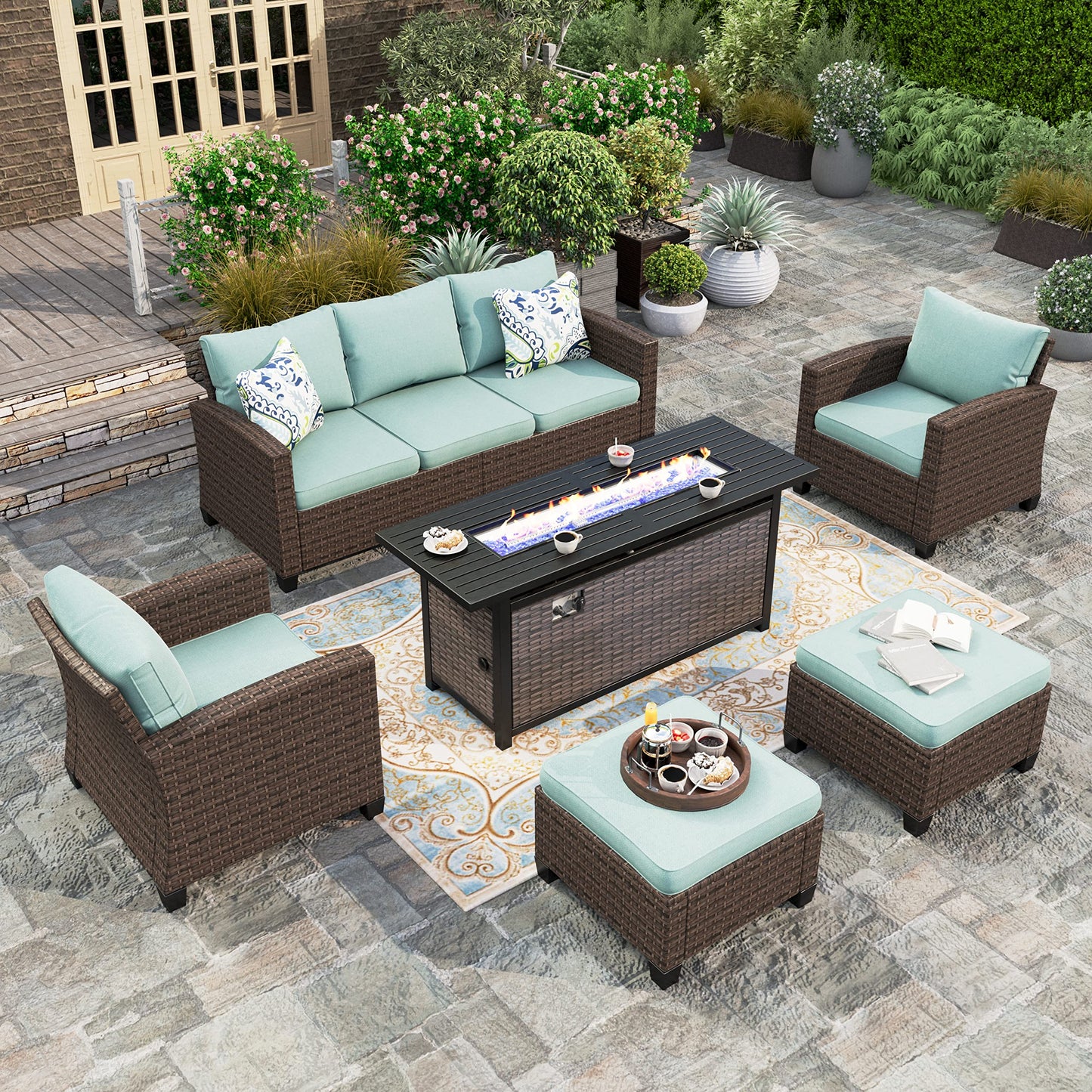 Outdoor Patio Furniture Set, Swivel Rocker Glide Chairs with 56" Fire Pit Table, Wicker Patio Sofa Conversation Set for Backyard Deck
