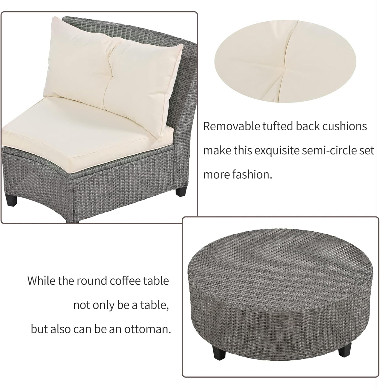 Half-Moon 9-Piece Outdoor Fan-shaped Sectional Sofa, Versatile Rattan Suit Combination with Cushions and Table, Unique Patio Curved Furniture Set for Backyard Porch Garden, Beige, 1