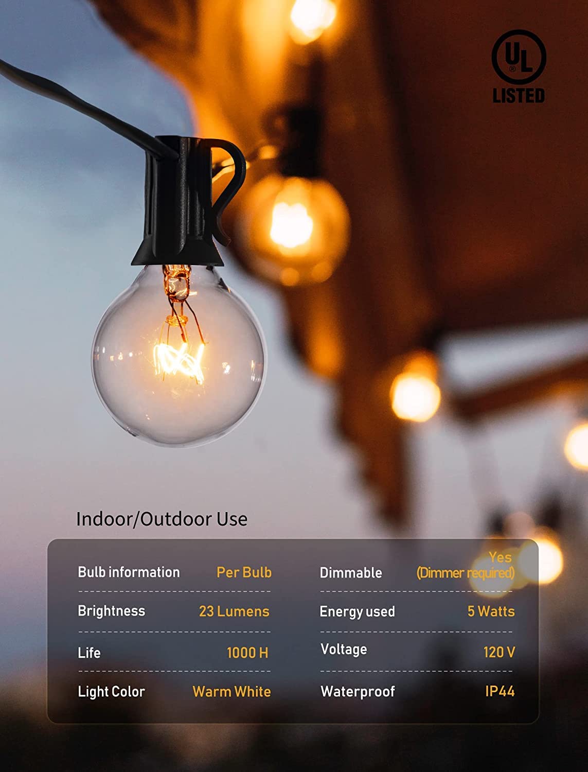 Outdoor String Lights 25 Feet G40 Globe LED Patio Lights with 13 Edison Plastic Bulbs(1 Spare), Waterproof Connectable Hanging Lights for Backyard Porch Balcony Party Decor, E12 Socket Base, Black