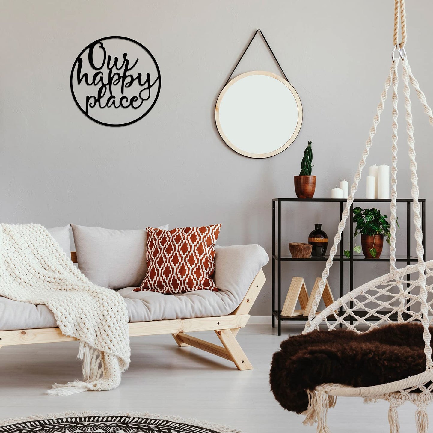 Our Happy Place Metal Wall Sign Metal Wall Hanging Art Outdoor Plaque Wall Decor Sign Lettering Metal Home Sign for Home Living Room, Bedroom, Kitchen, Shop and More (Black,Classic Style)