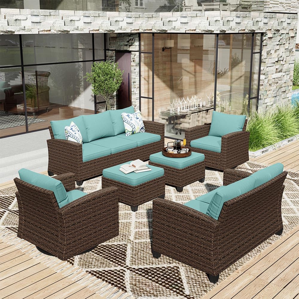 Outdoor Patio Furniture Set, Swivel Rocker Glide Chairs with 56" Fire Pit Table, Wicker Patio Sofa Conversation Set for Backyard Deck