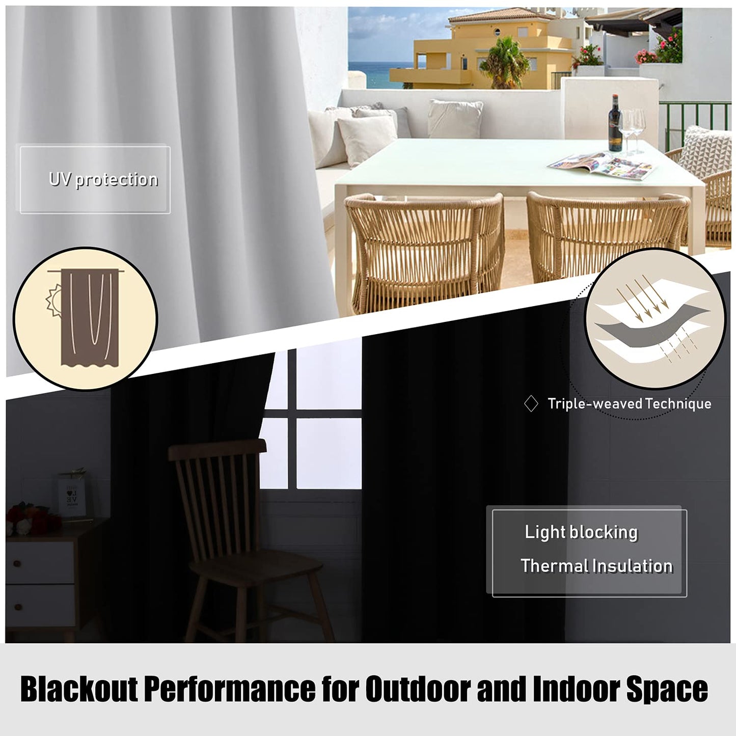 BONZER Waterproof Indoor/Outdoor Curtains for Patio - Thermal Insulated, Sun Blocking Grommet Blackout Curtains for Bedroom, Porch, Living Room, Pergola, Cabana, 2 Panels, 52 x 84 inch, Dark Grey