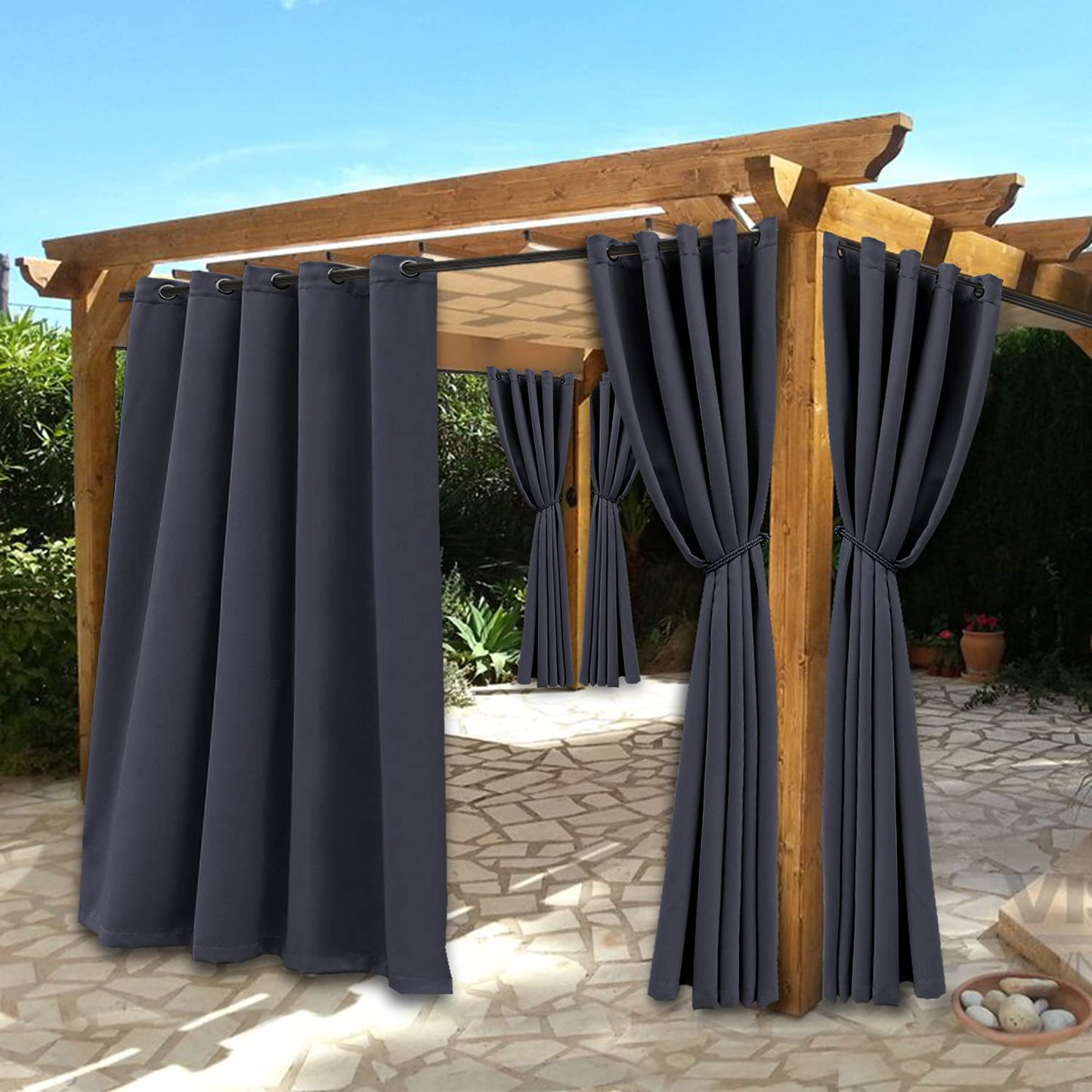 BONZER Waterproof Indoor/Outdoor Curtains for Patio - Thermal Insulated, Sun Blocking Grommet Blackout Curtains for Bedroom, Porch, Living Room, Pergola, Cabana, 2 Panels, 52 x 84 inch, Dark Grey