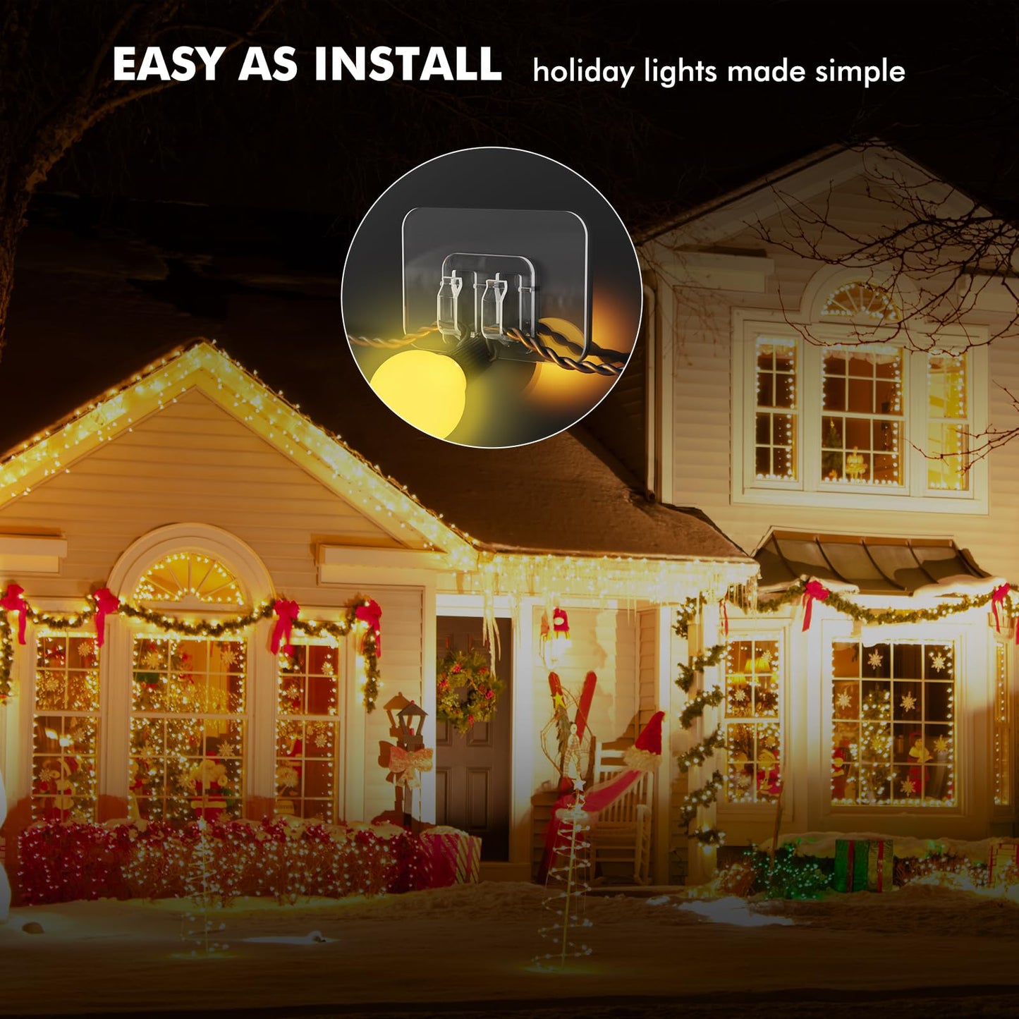 Hooks for Outdoor String Lights - 100 Pack with Adhesive Strips - No Damage, No Tools, No Holes, Waterproof and UV-Resistant, Perfect for Christmas and Patio Decor