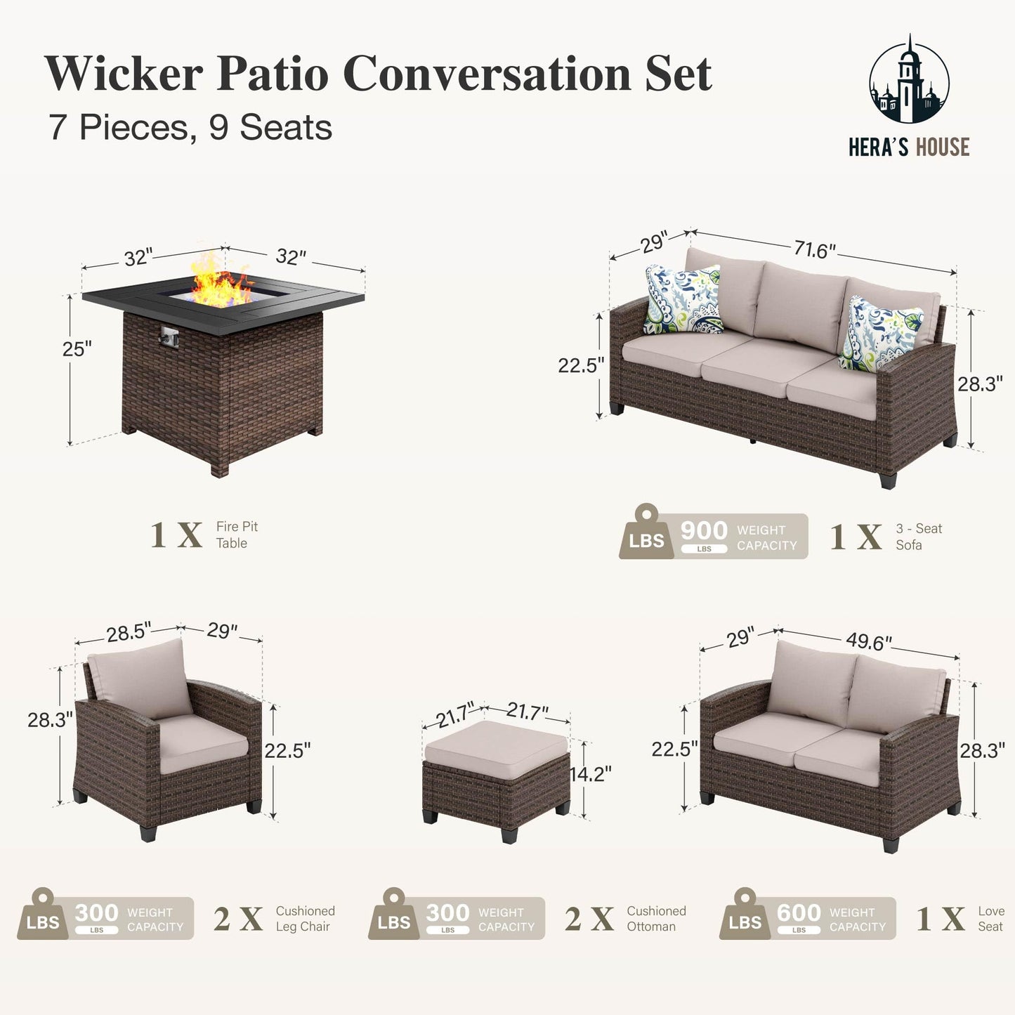 Outdoor Patio Furniture Set, Swivel Rocker Glide Chairs with 56" Fire Pit Table, Wicker Patio Sofa Conversation Set for Backyard Deck