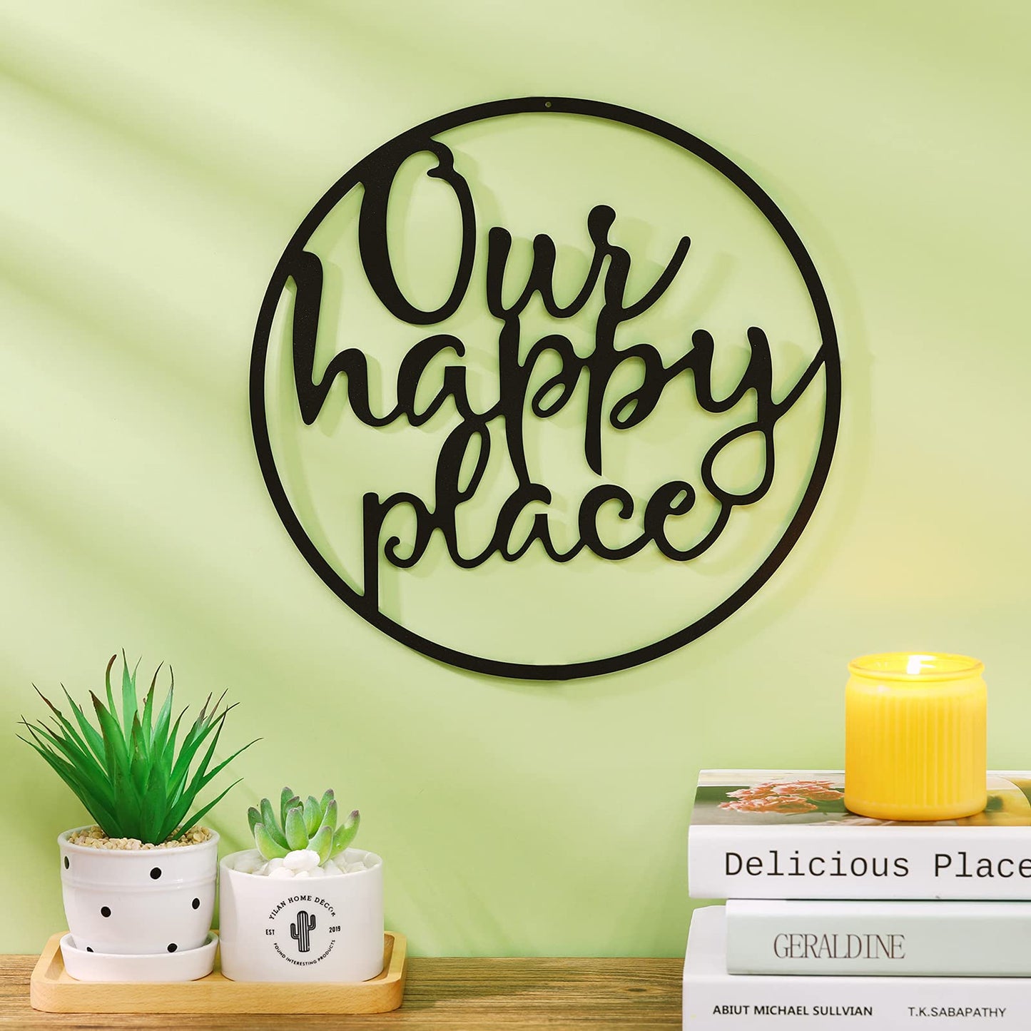 Our Happy Place Metal Wall Sign Metal Wall Hanging Art Outdoor Plaque Wall Decor Sign Lettering Metal Home Sign for Home Living Room, Bedroom, Kitchen, Shop and More (Black,Classic Style)