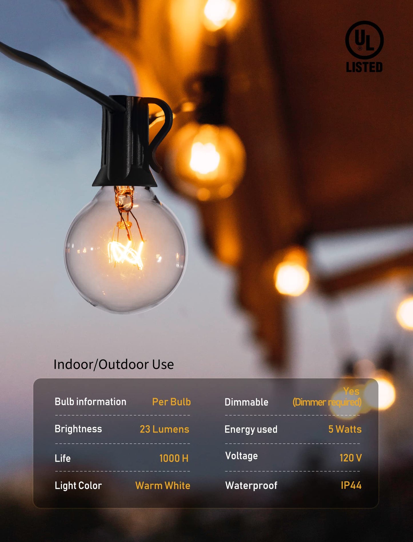 Outdoor String Lights 25 Feet G40 Globe LED Patio Lights with 13 Edison Plastic Bulbs(1 Spare), Waterproof Connectable Hanging Lights for Backyard Porch Balcony Party Decor, E12 Socket Base, Black