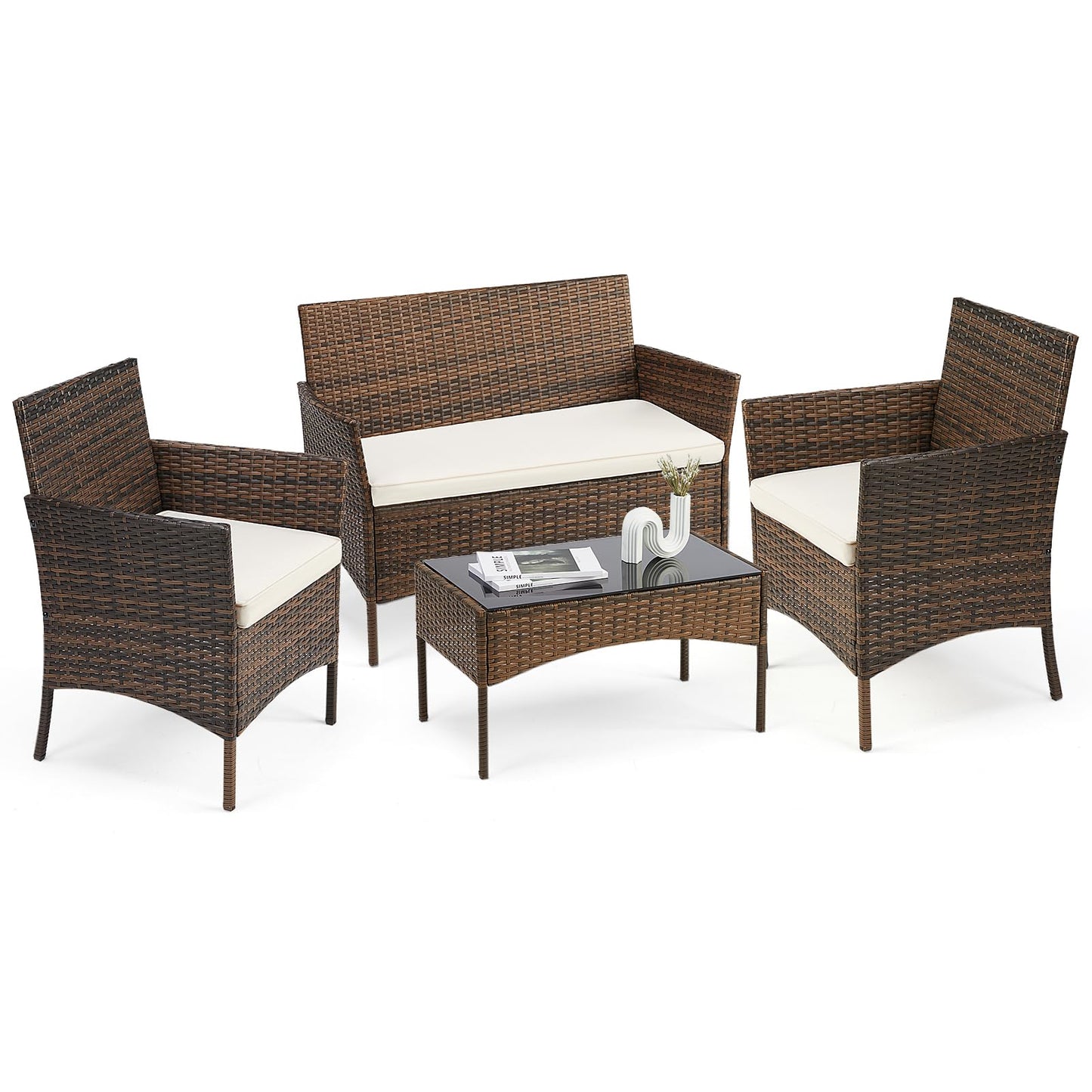 Patio Furniture Set 4 Pieces, Outdoor Furniture with Soft Cushion and Glass Table, All Weather Manual Weaving Wicker Rattan Patio Chairs for Garden, Terrace, Porch, Lawn (Black and Beige)