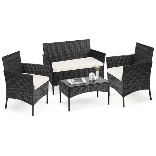 Patio Furniture Set 4 Pieces, Outdoor Furniture with Soft Cushion and Glass Table, All Weather Manual Weaving Wicker Rattan Patio Chairs for Garden, Terrace, Porch, Lawn (Black and Beige)