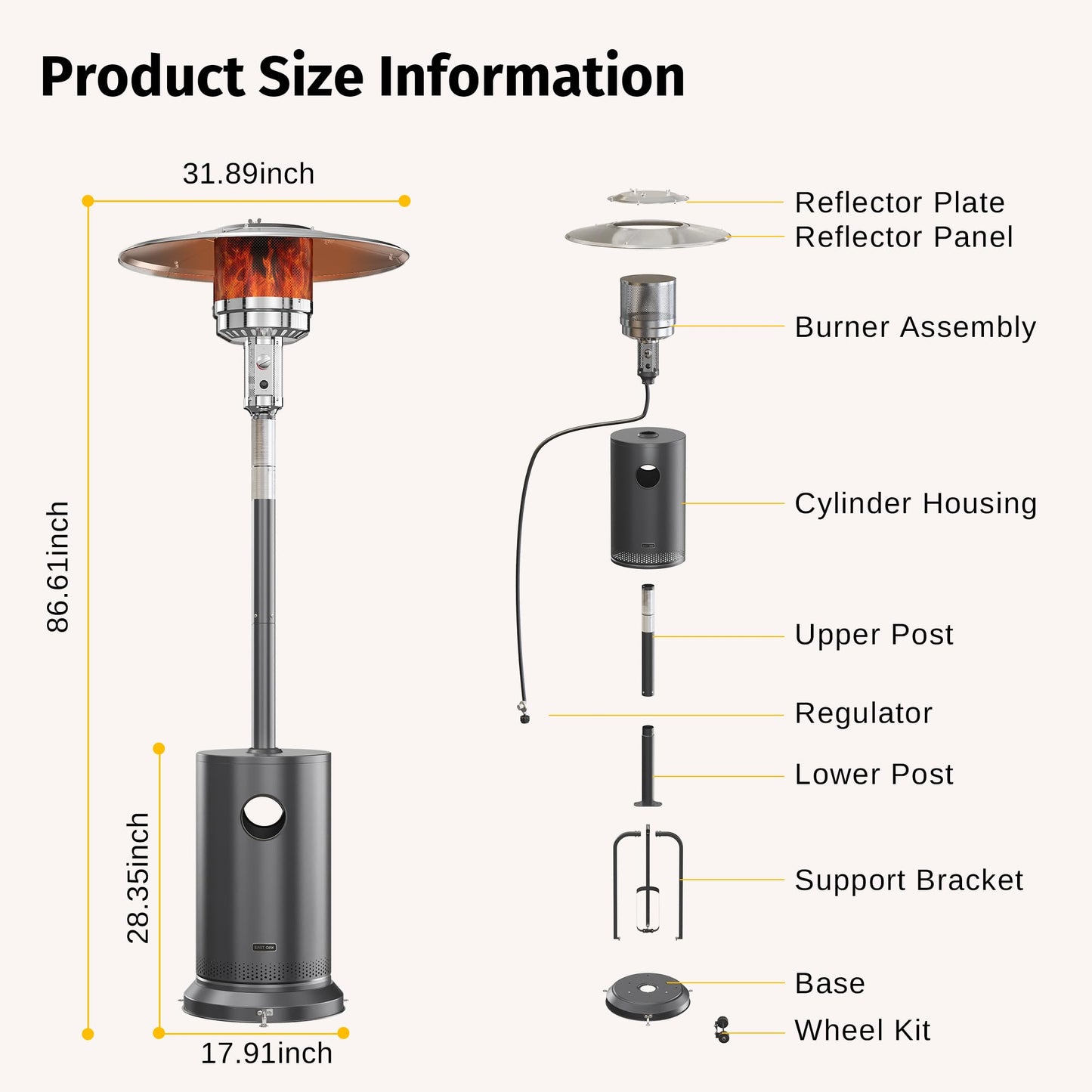 55,000 BTU Propane Patio Heater with Round Table & Stainless Steel Burner, Outdoor Heater with Wheels, Ideal For Large Patios, Gardens, Outdoor Events, Commercial Use, Carbon Black