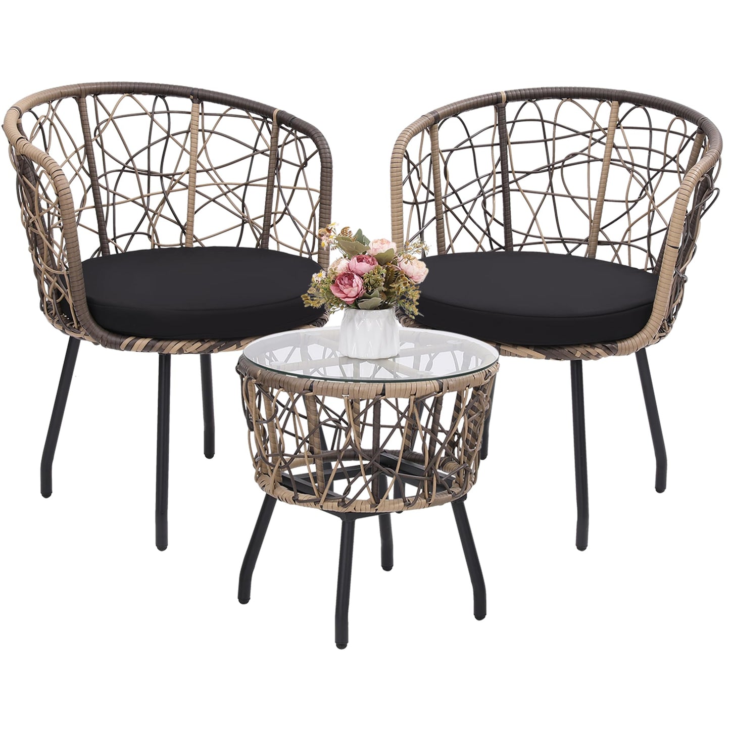 Kromax 3 Pieces Patio Rattan Bistro Conversation Set, Outdoor All-Weather Wicker Furniture Chairs and Side Table Set Ideal for Balcony, Porch and Backyard, Black