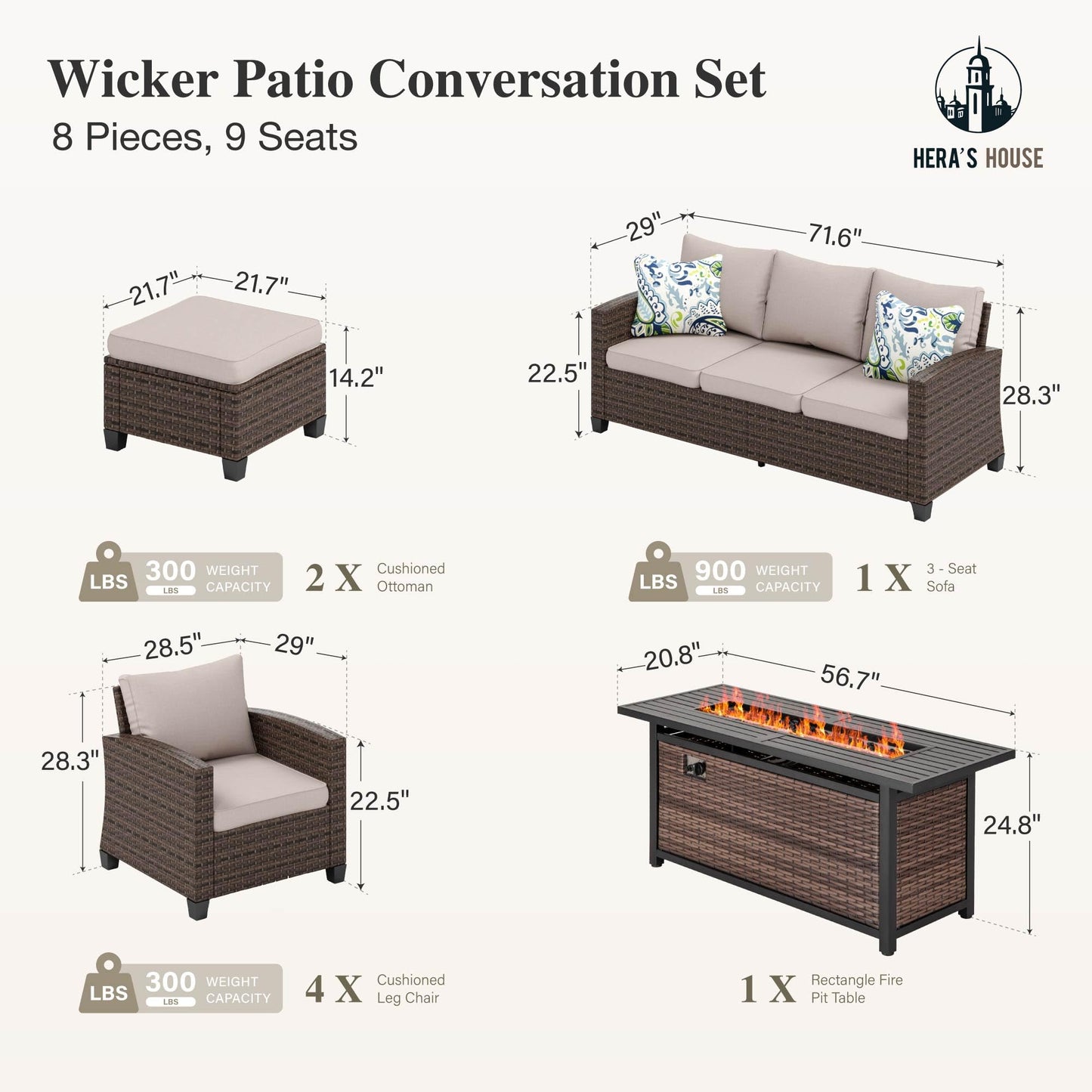 Outdoor Patio Furniture Set, Swivel Rocker Glide Chairs with 56" Fire Pit Table, Wicker Patio Sofa Conversation Set for Backyard Deck