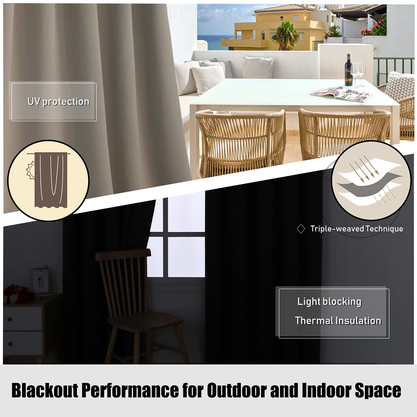 BONZER Waterproof Indoor/Outdoor Curtains for Patio - Thermal Insulated, Sun Blocking Grommet Blackout Curtains for Bedroom, Porch, Living Room, Pergola, Cabana, 2 Panels, 52 x 84 inch, Dark Grey