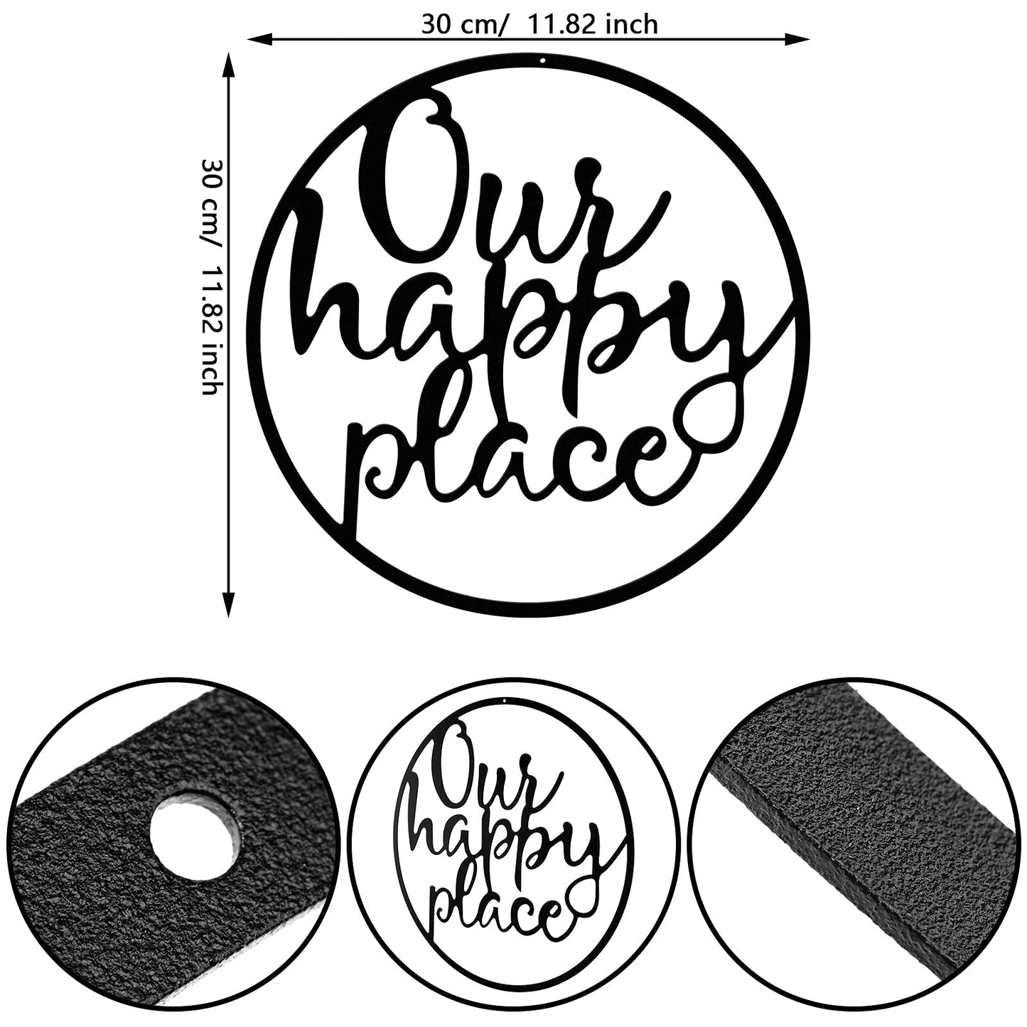 Our Happy Place Metal Wall Sign Metal Wall Hanging Art Outdoor Plaque Wall Decor Sign Lettering Metal Home Sign for Home Living Room, Bedroom, Kitchen, Shop and More (Black,Classic Style)