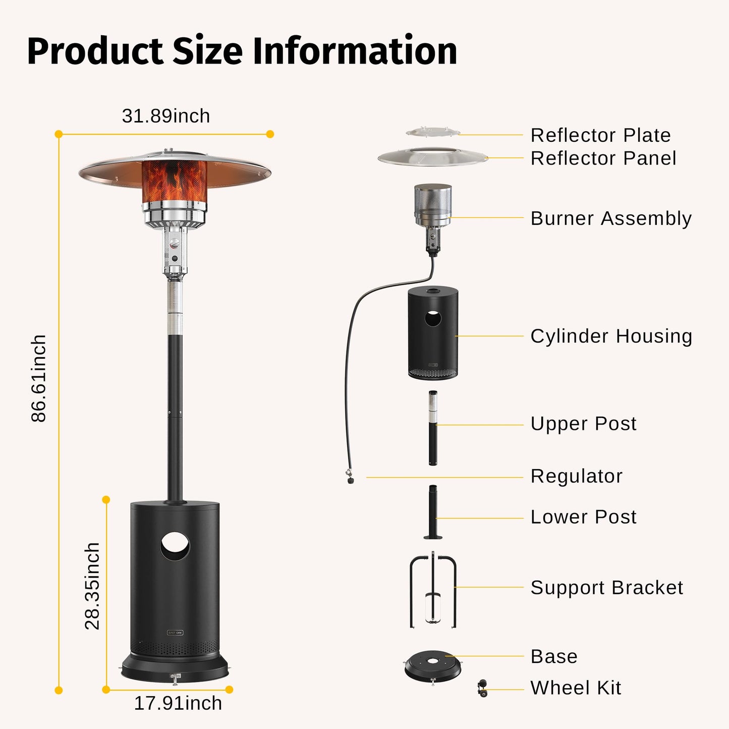 55,000 BTU Propane Patio Heater with Round Table & Stainless Steel Burner, Outdoor Heater with Wheels, Ideal For Large Patios, Gardens, Outdoor Events, Commercial Use, Carbon Black