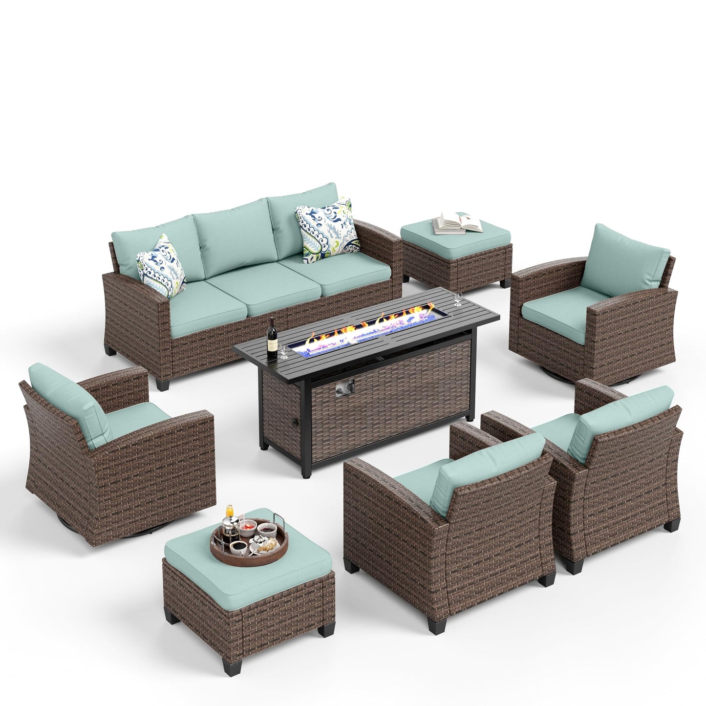 Outdoor Patio Furniture Set, Swivel Rocker Glide Chairs with 56" Fire Pit Table, Wicker Patio Sofa Conversation Set for Backyard Deck