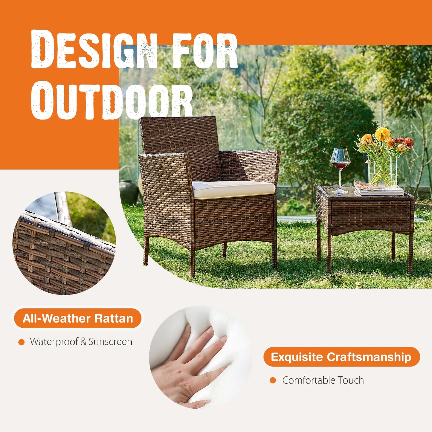 Patio Furniture Set 4 Pieces, Outdoor Furniture with Soft Cushion and Glass Table, All Weather Manual Weaving Wicker Rattan Patio Chairs for Garden, Terrace, Porch, Lawn (Black and Beige)