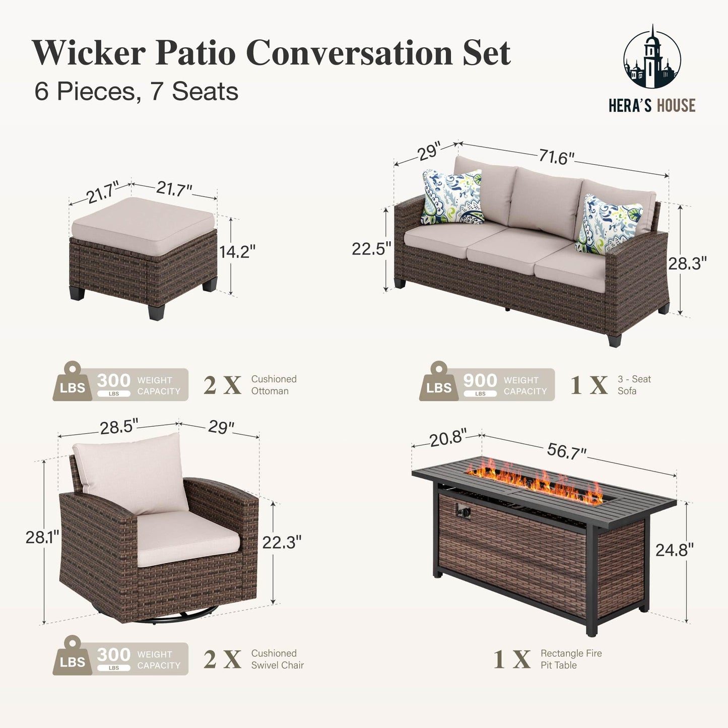 Outdoor Patio Furniture Set, Swivel Rocker Glide Chairs with 56" Fire Pit Table, Wicker Patio Sofa Conversation Set for Backyard Deck