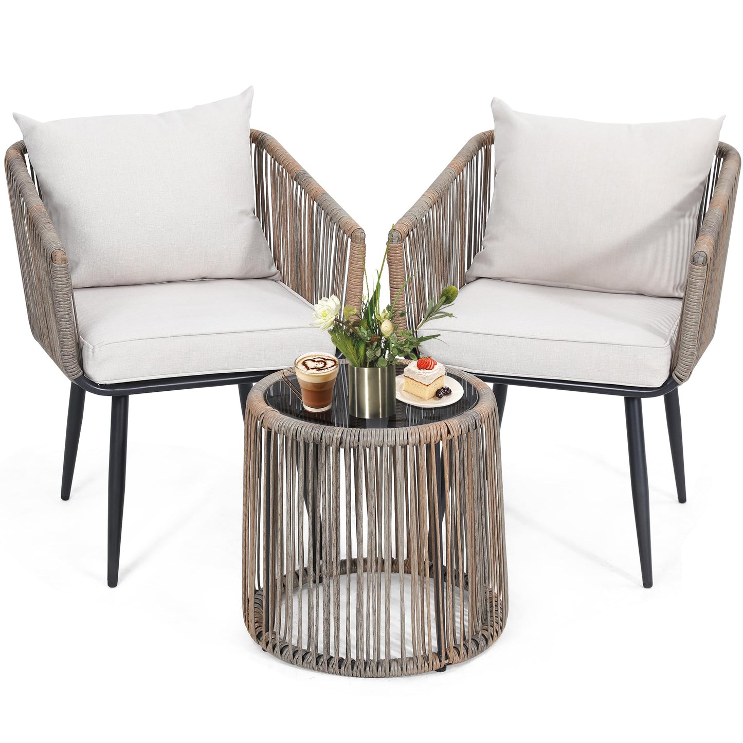 Kromax 3 Pieces Patio Rattan Bistro Conversation Set, Outdoor All-Weather Wicker Furniture Chairs and Side Table Set Ideal for Balcony, Porch and Backyard, Black