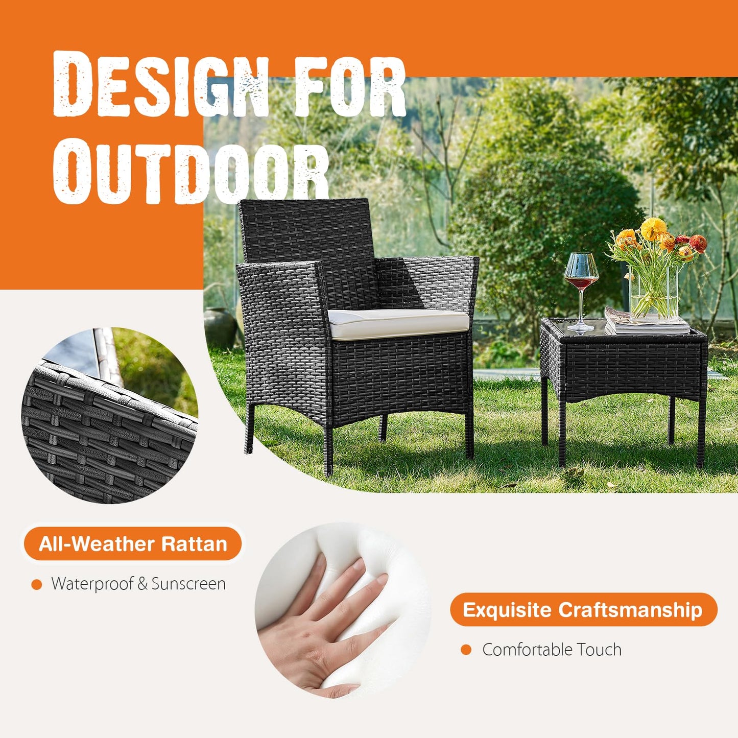 Patio Furniture Set 4 Pieces, Outdoor Furniture with Soft Cushion and Glass Table, All Weather Manual Weaving Wicker Rattan Patio Chairs for Garden, Terrace, Porch, Lawn (Black and Beige)