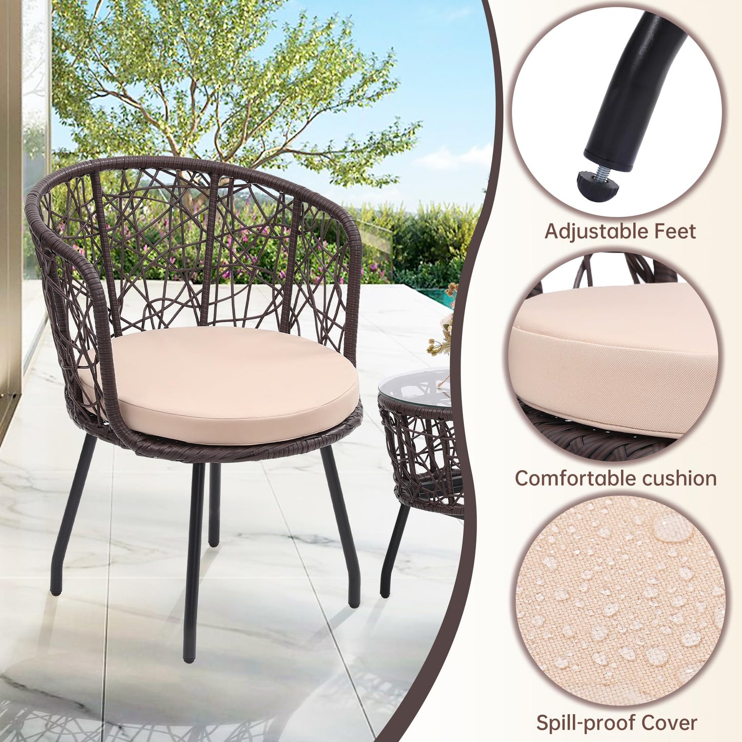 Kromax 3 Pieces Patio Rattan Bistro Conversation Set, Outdoor All-Weather Wicker Furniture Chairs and Side Table Set Ideal for Balcony, Porch and Backyard, Black