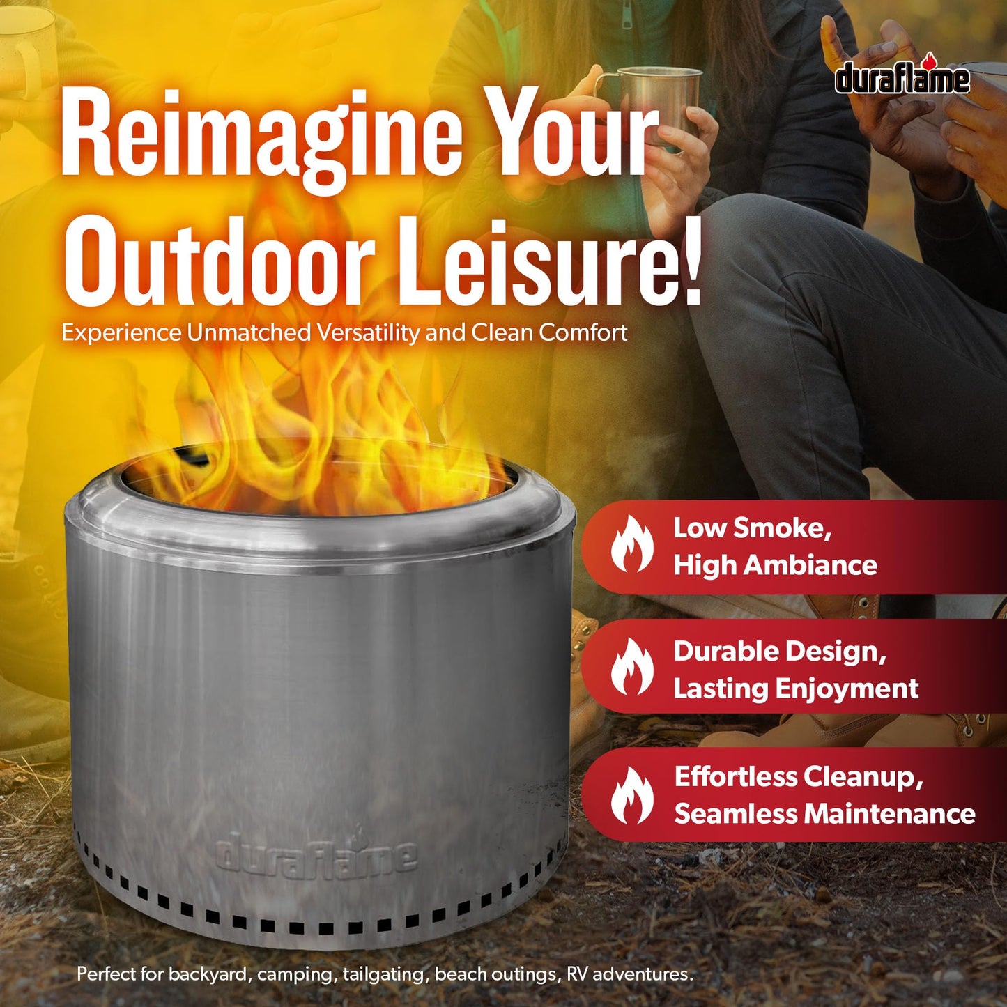 Duraflame Portable Smokeless Outdoor Fire Pit, Double-Walled Stainless-Steel Design, 19.5"