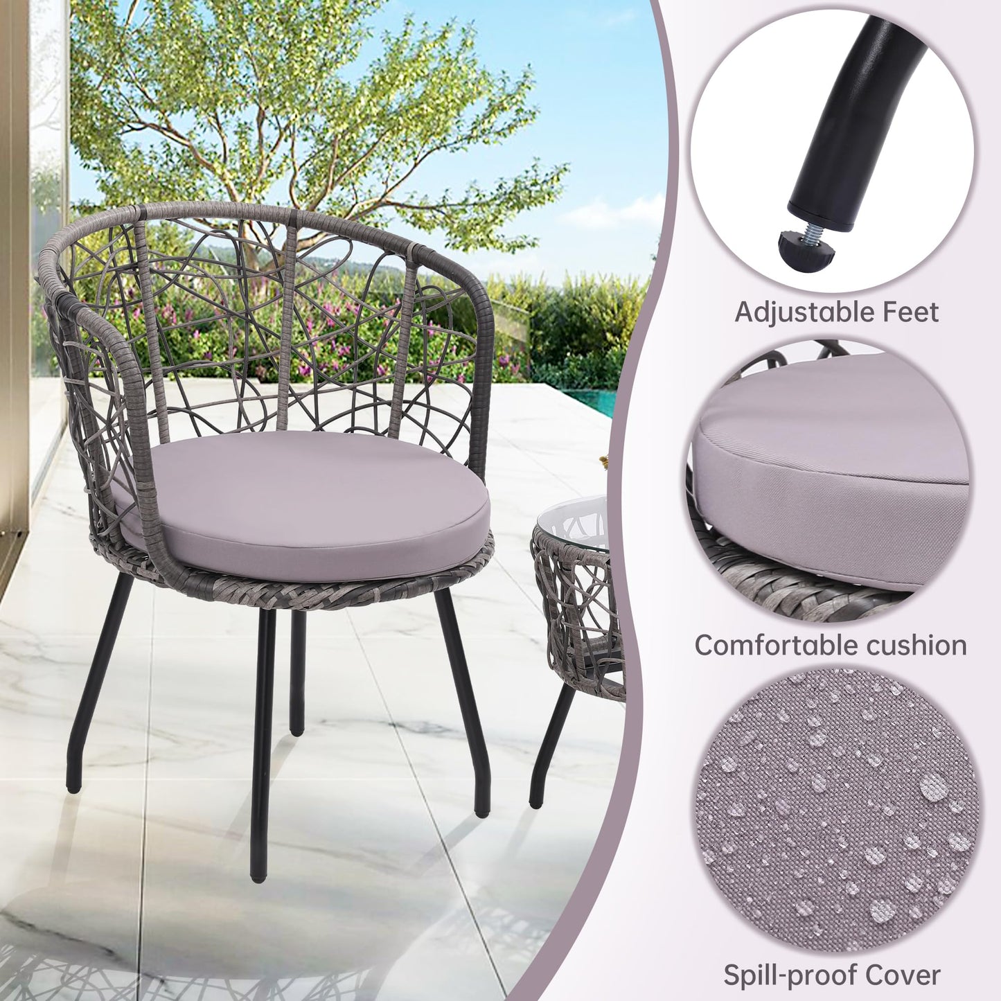 Kromax 3 Pieces Patio Rattan Bistro Conversation Set, Outdoor All-Weather Wicker Furniture Chairs and Side Table Set Ideal for Balcony, Porch and Backyard, Black