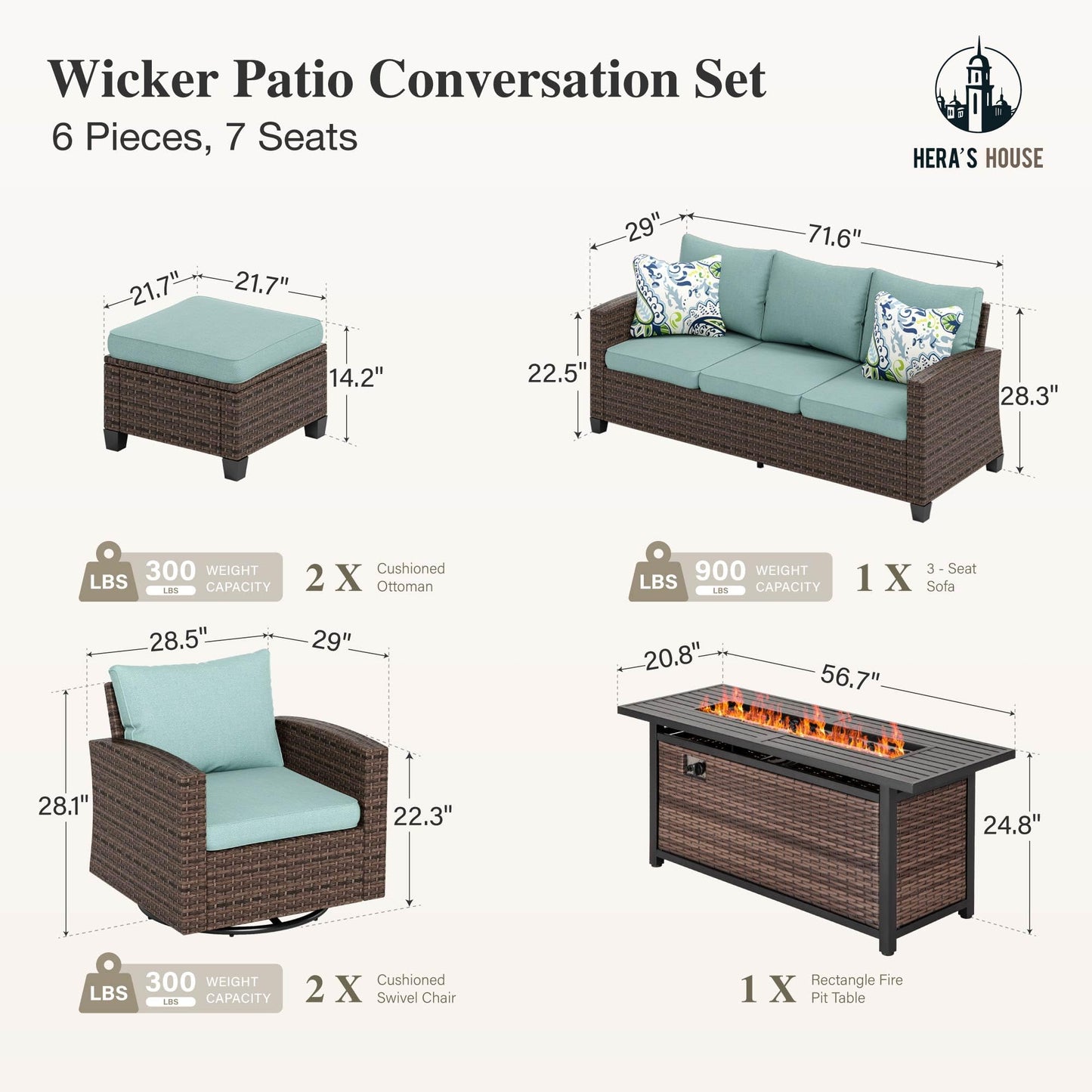 Outdoor Patio Furniture Set, Swivel Rocker Glide Chairs with 56" Fire Pit Table, Wicker Patio Sofa Conversation Set for Backyard Deck