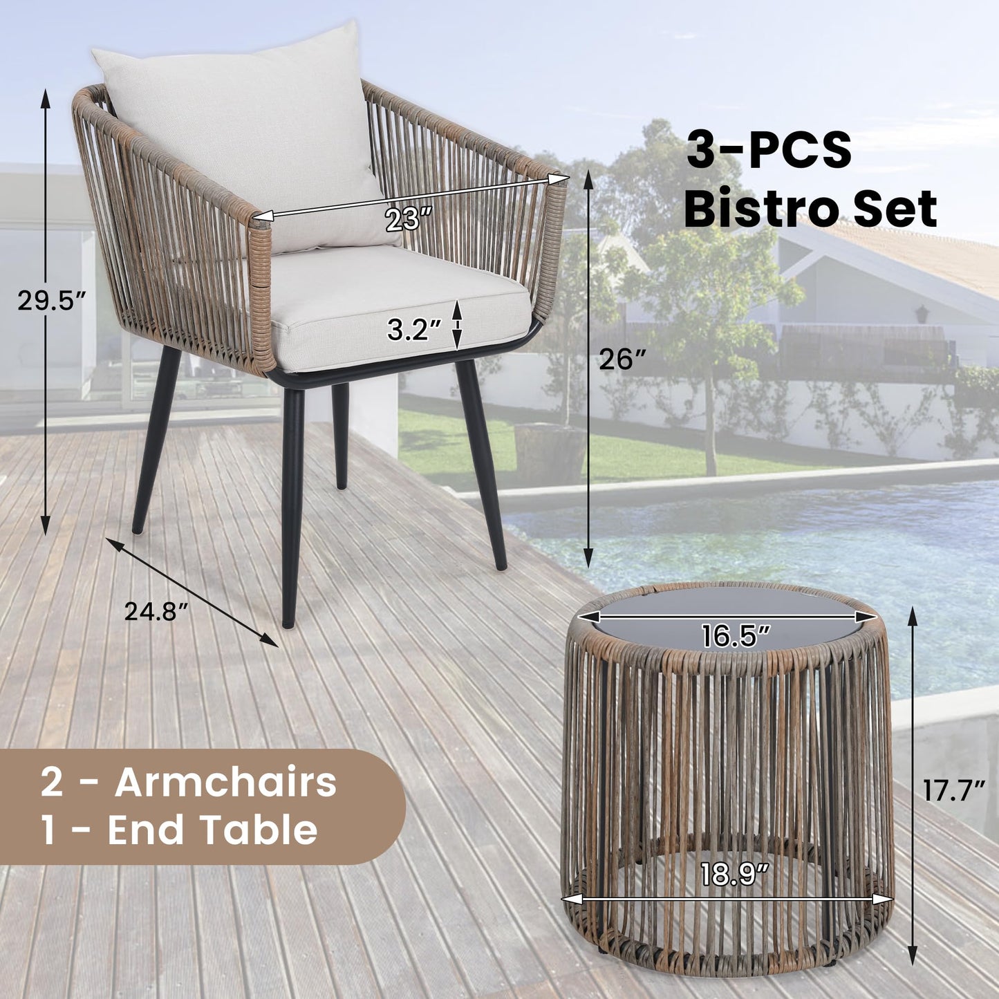 Kromax 3 Pieces Patio Rattan Bistro Conversation Set, Outdoor All-Weather Wicker Furniture Chairs and Side Table Set Ideal for Balcony, Porch and Backyard, Black