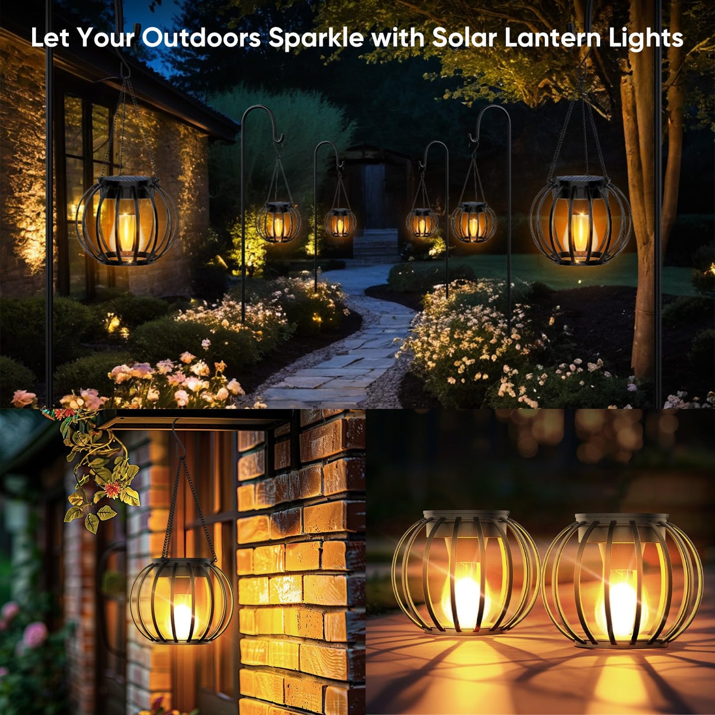 Solar Lanterns Outdoor Waterproof: 2 Pack Metal Hanging Solar Lights for Outside Garden Decor, Solar Garden Lantern Decorative Lights for Tree Yard Patio Table Pathway Wall Decorations