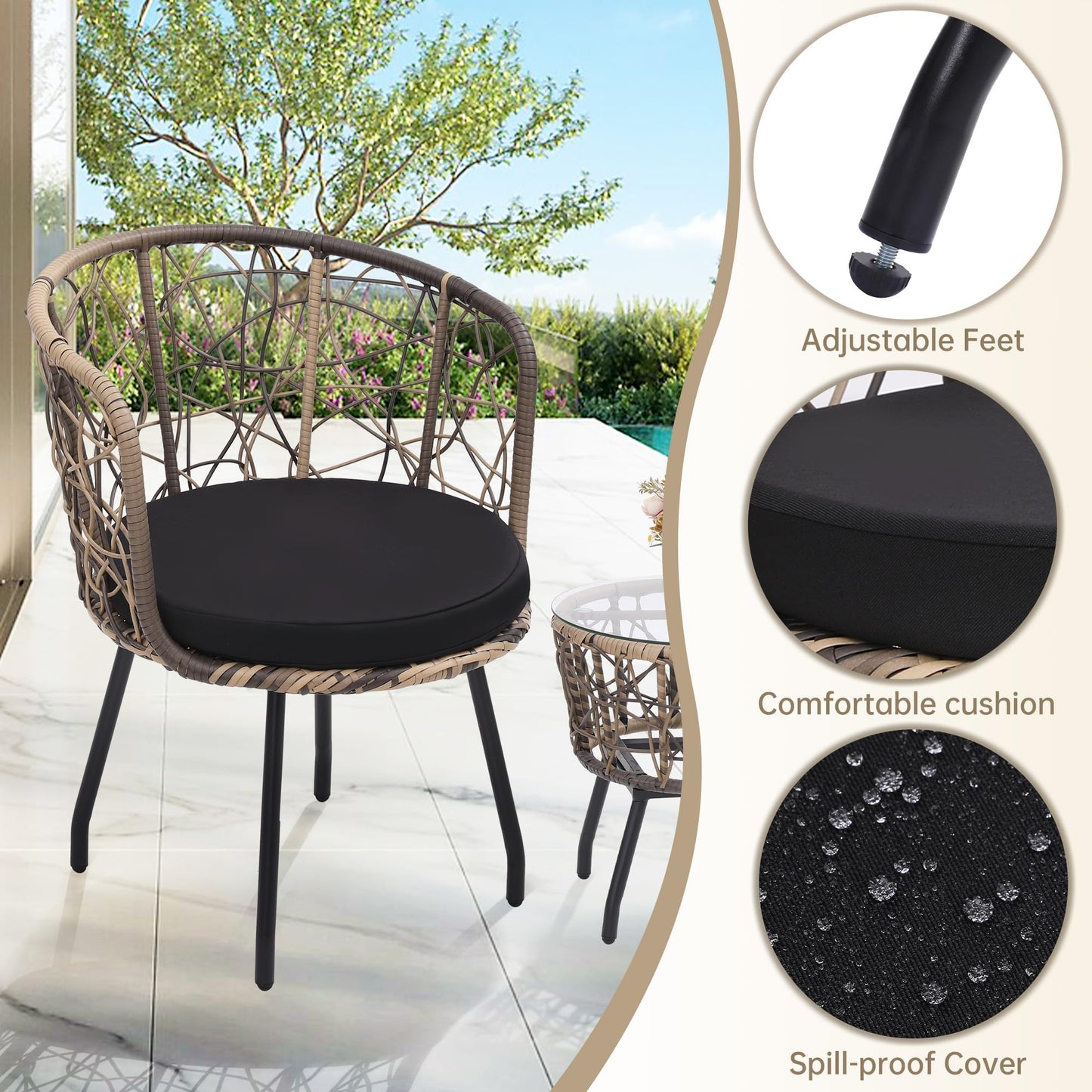 Kromax 3 Pieces Patio Rattan Bistro Conversation Set, Outdoor All-Weather Wicker Furniture Chairs and Side Table Set Ideal for Balcony, Porch and Backyard, Black