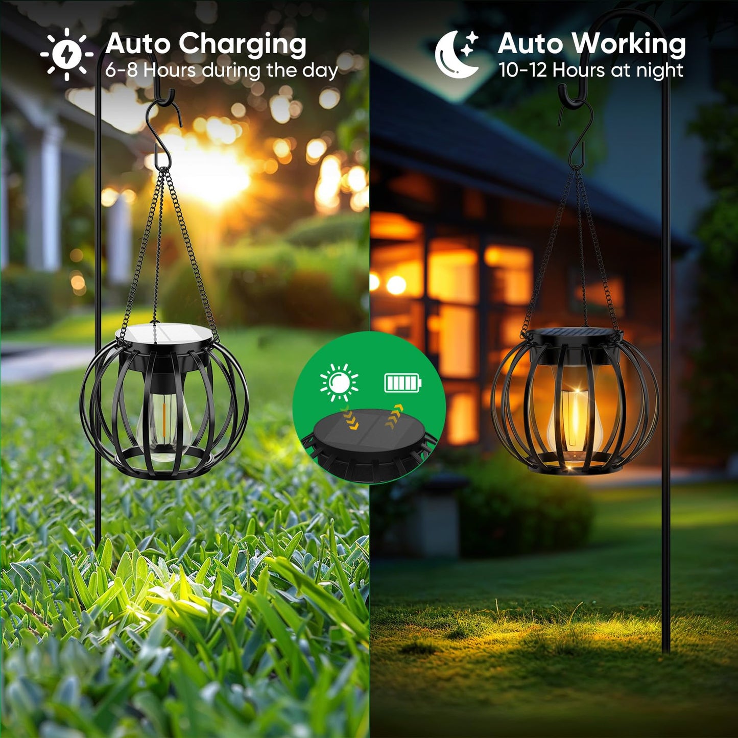 Solar Lanterns Outdoor Waterproof: 2 Pack Metal Hanging Solar Lights for Outside Garden Decor, Solar Garden Lantern Decorative Lights for Tree Yard Patio Table Pathway Wall Decorations