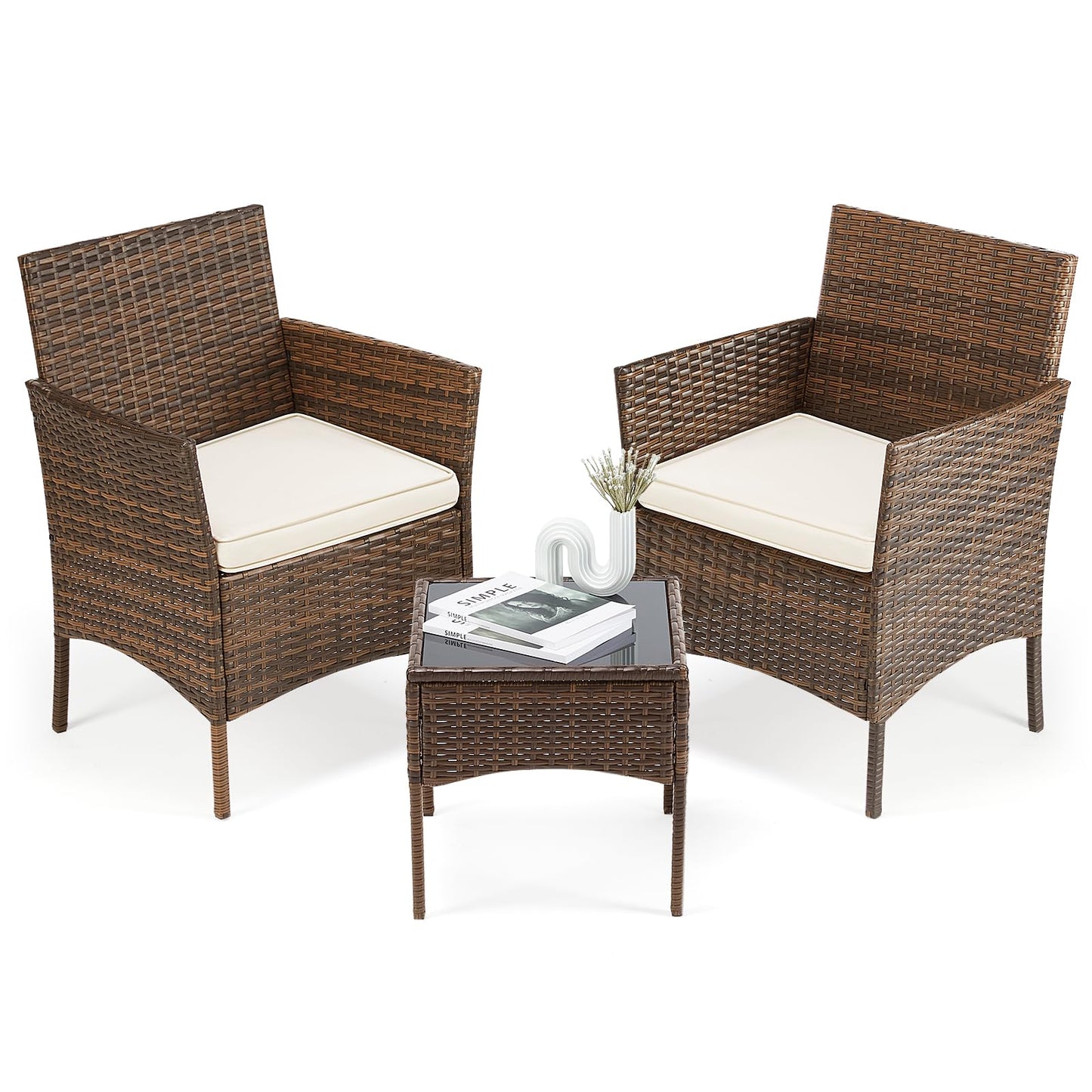 Patio Furniture Set 4 Pieces, Outdoor Furniture with Soft Cushion and Glass Table, All Weather Manual Weaving Wicker Rattan Patio Chairs for Garden, Terrace, Porch, Lawn (Black and Beige)