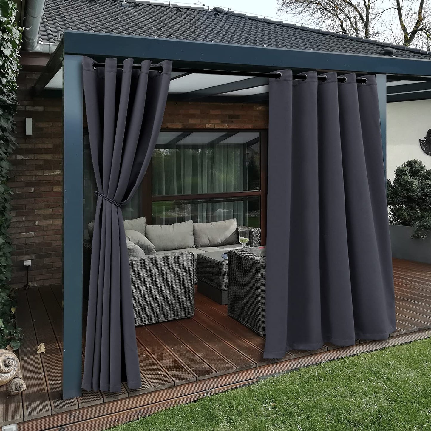 BONZER Waterproof Indoor/Outdoor Curtains for Patio - Thermal Insulated, Sun Blocking Grommet Blackout Curtains for Bedroom, Porch, Living Room, Pergola, Cabana, 2 Panels, 52 x 84 inch, Dark Grey