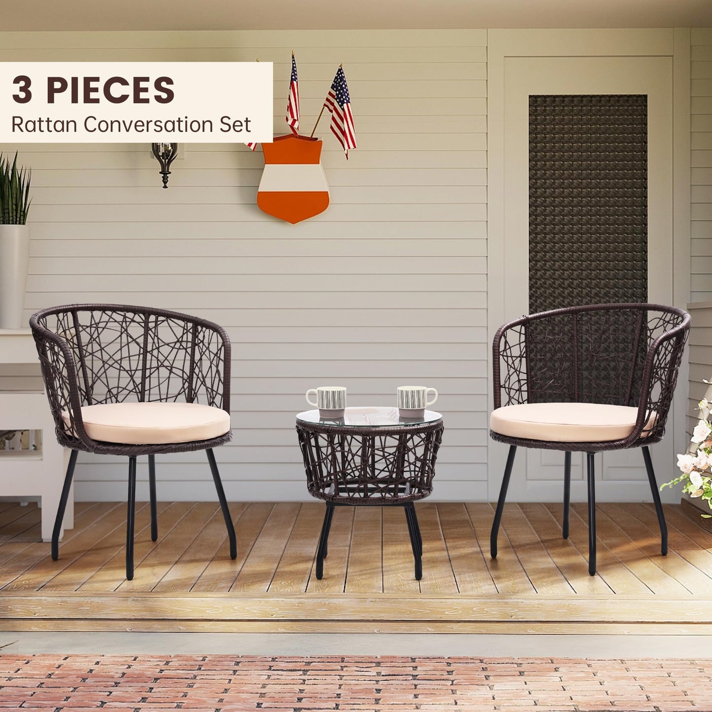 Kromax 3 Pieces Patio Rattan Bistro Conversation Set, Outdoor All-Weather Wicker Furniture Chairs and Side Table Set Ideal for Balcony, Porch and Backyard, Black