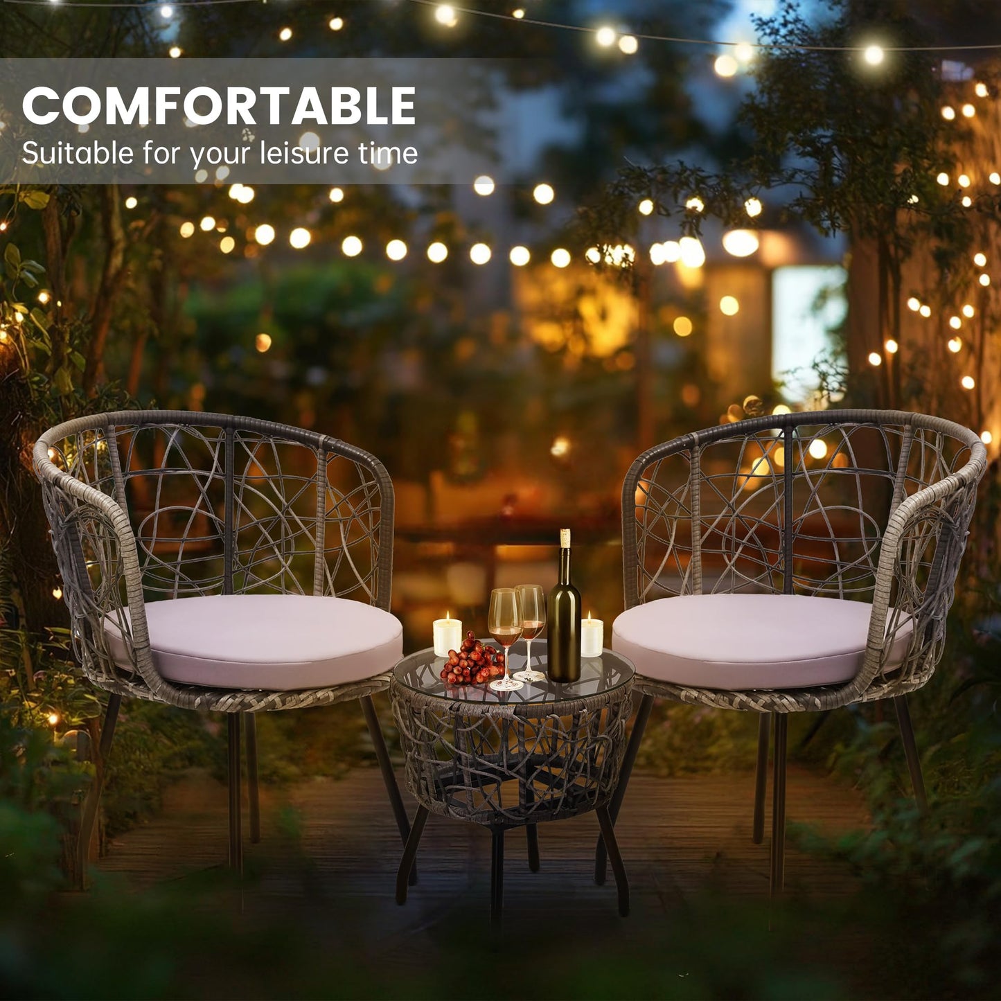 Kromax 3 Pieces Patio Rattan Bistro Conversation Set, Outdoor All-Weather Wicker Furniture Chairs and Side Table Set Ideal for Balcony, Porch and Backyard, Black