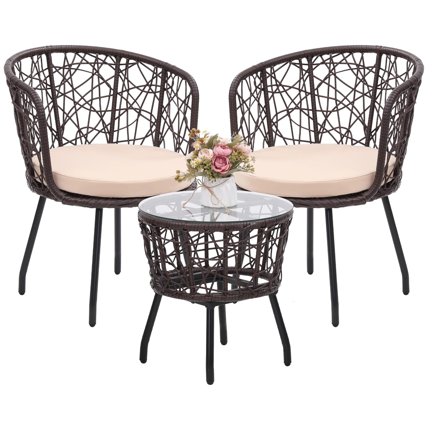 Kromax 3 Pieces Patio Rattan Bistro Conversation Set, Outdoor All-Weather Wicker Furniture Chairs and Side Table Set Ideal for Balcony, Porch and Backyard, Black