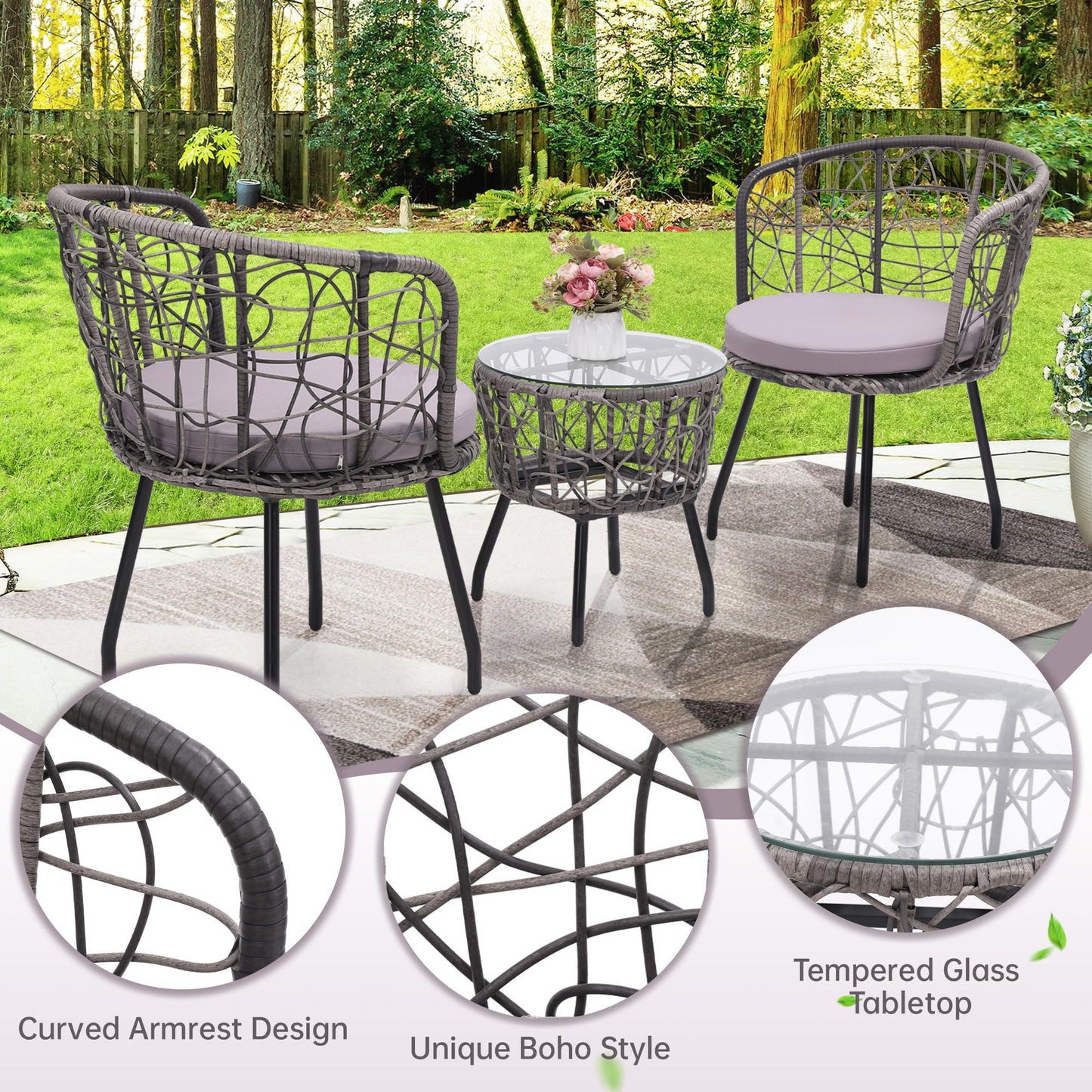 Kromax 3 Pieces Patio Rattan Bistro Conversation Set, Outdoor All-Weather Wicker Furniture Chairs and Side Table Set Ideal for Balcony, Porch and Backyard, Black