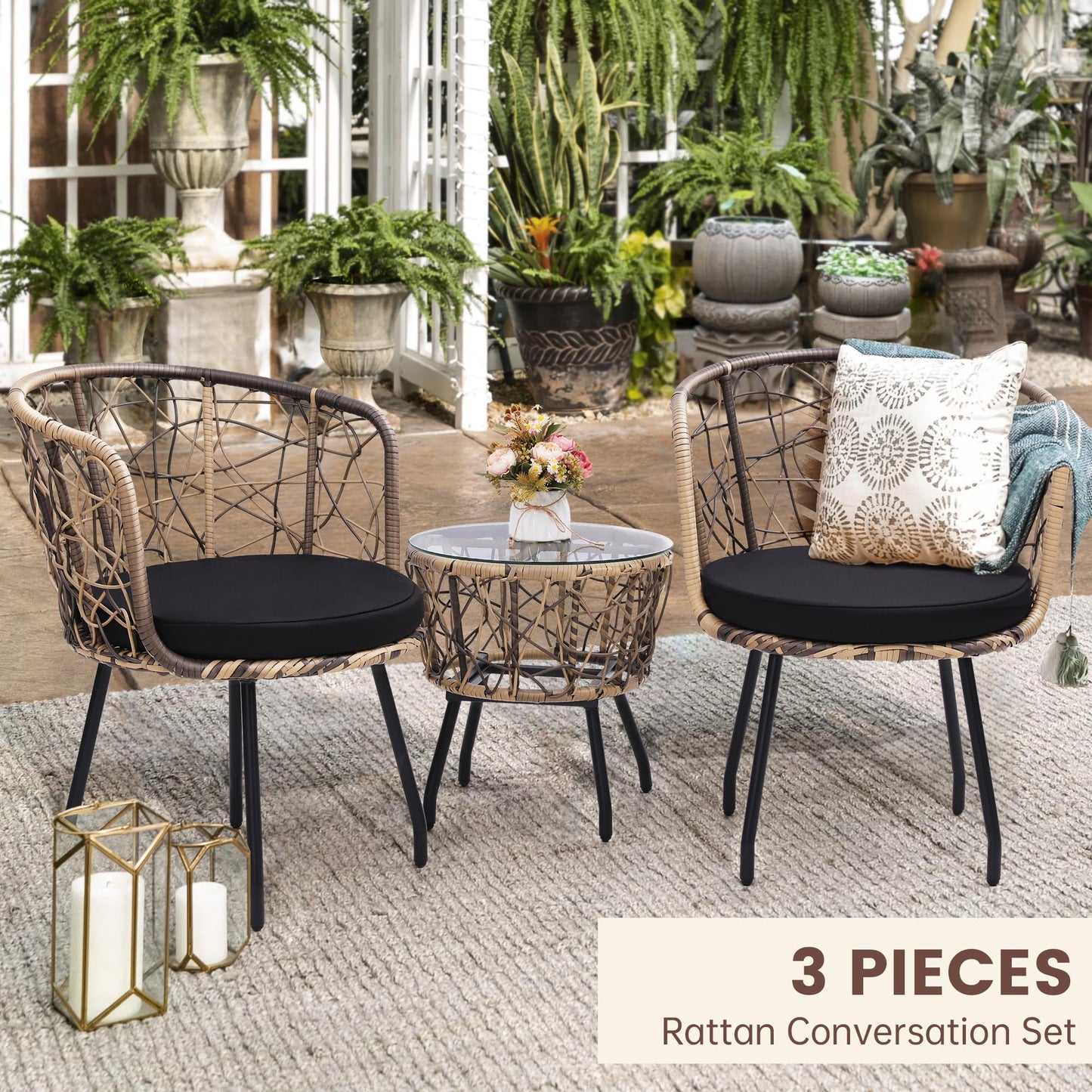 Kromax 3 Pieces Patio Rattan Bistro Conversation Set, Outdoor All-Weather Wicker Furniture Chairs and Side Table Set Ideal for Balcony, Porch and Backyard, Black