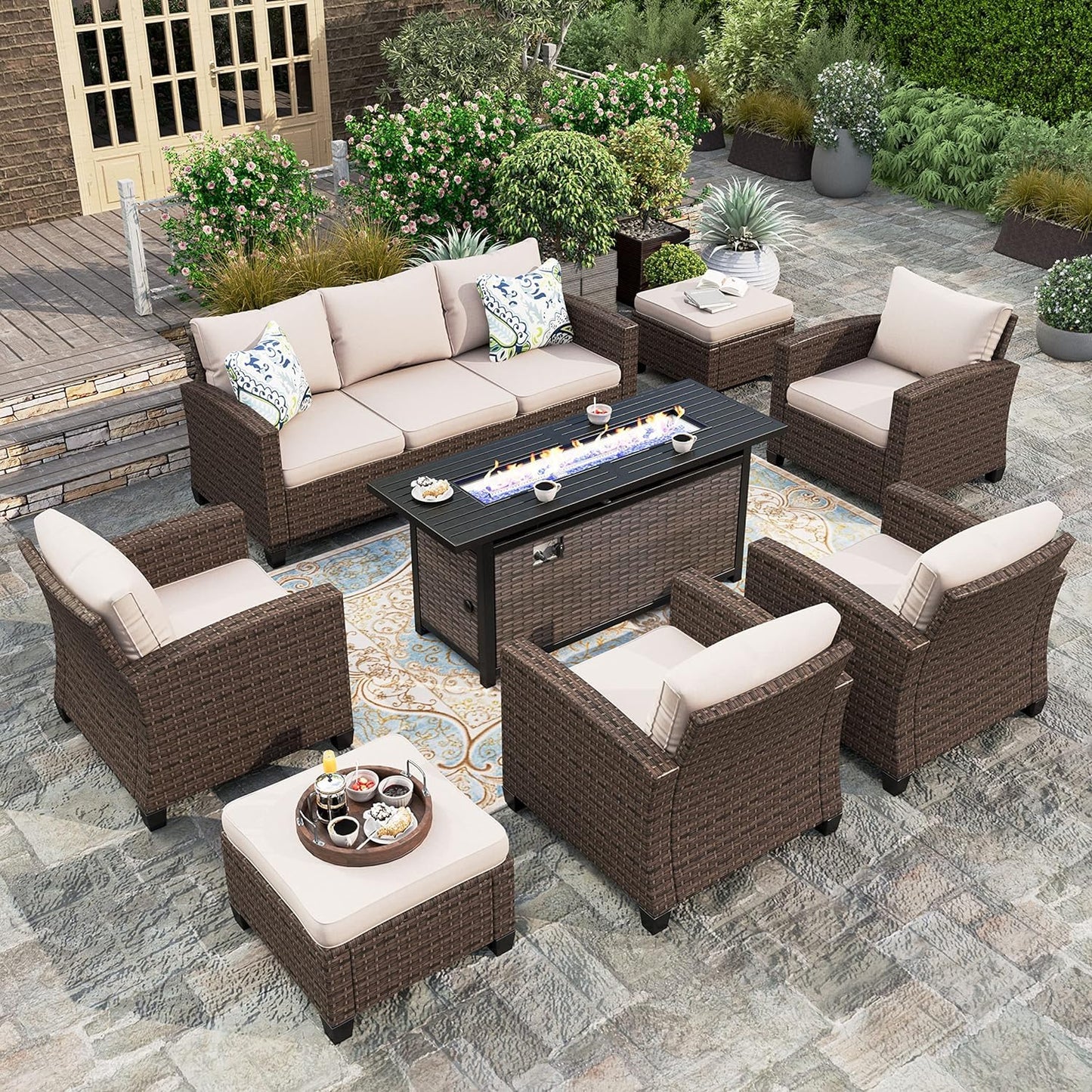 Outdoor Patio Furniture Set, Swivel Rocker Glide Chairs with 56" Fire Pit Table, Wicker Patio Sofa Conversation Set for Backyard Deck