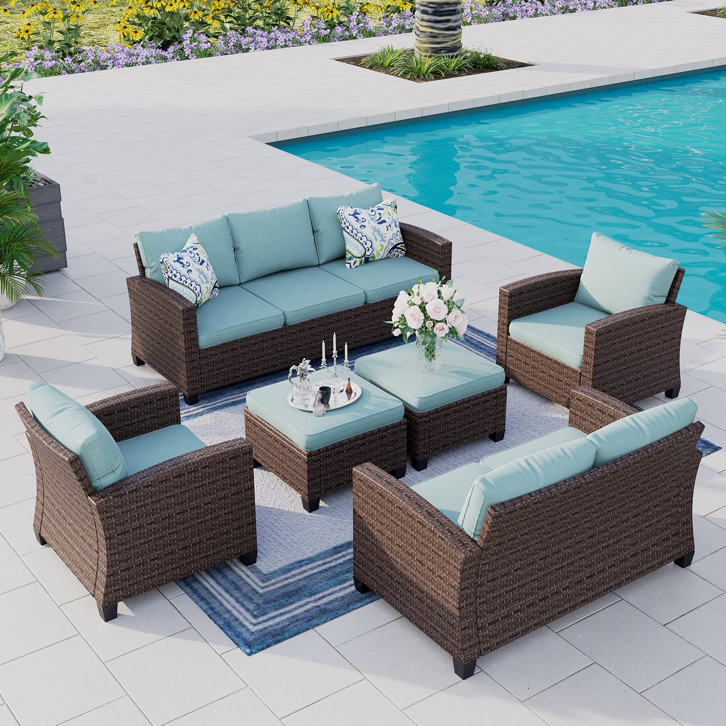 Outdoor Patio Furniture Set, Swivel Rocker Glide Chairs with 56" Fire Pit Table, Wicker Patio Sofa Conversation Set for Backyard Deck