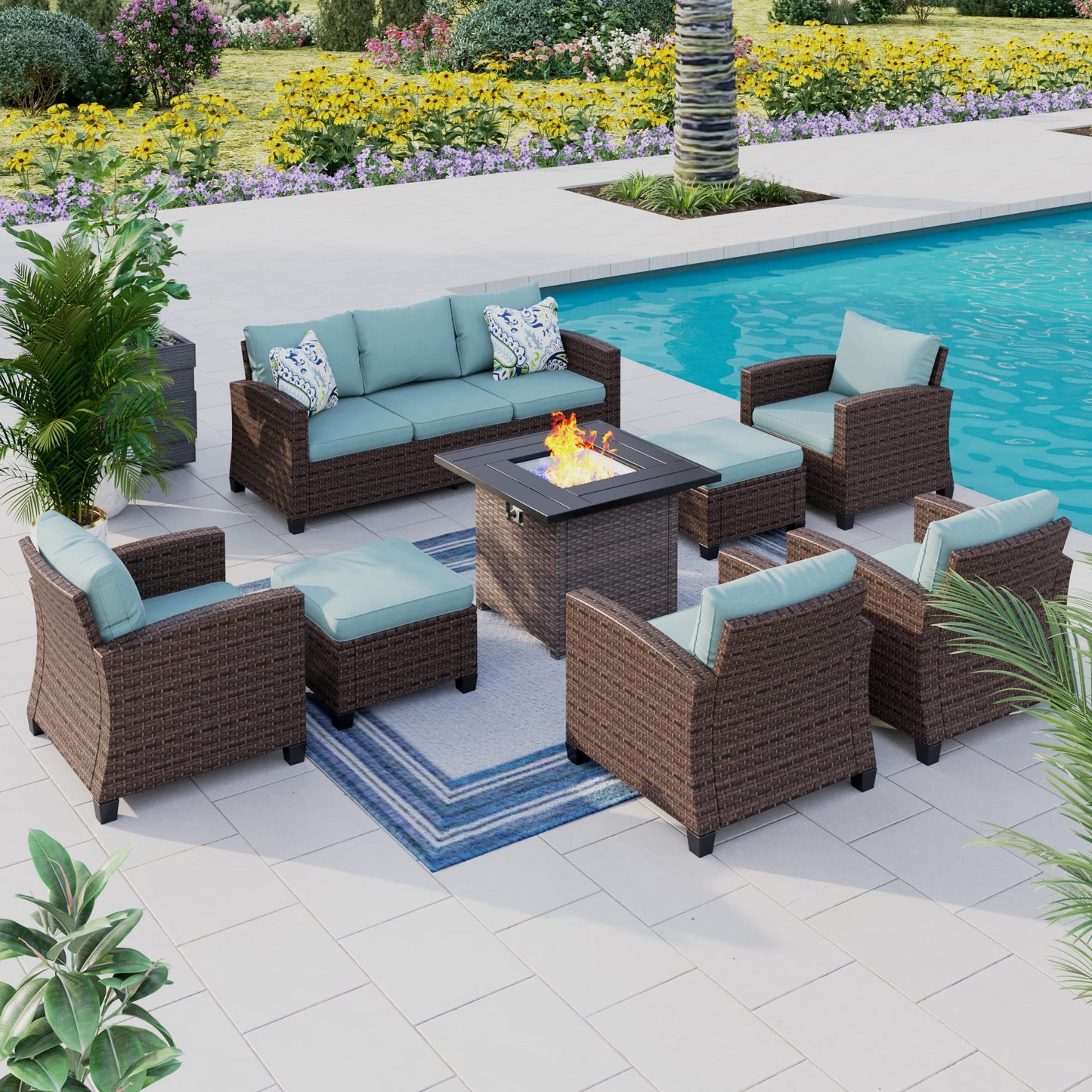 Outdoor Patio Furniture Set, Swivel Rocker Glide Chairs with 56" Fire Pit Table, Wicker Patio Sofa Conversation Set for Backyard Deck