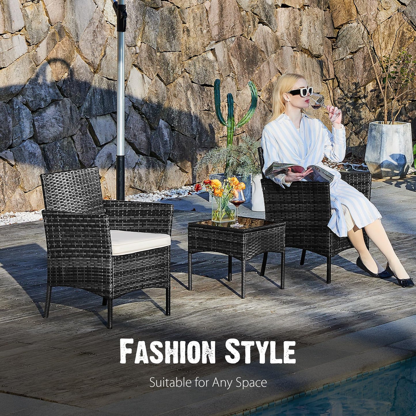 Patio Furniture Set 4 Pieces, Outdoor Furniture with Soft Cushion and Glass Table, All Weather Manual Weaving Wicker Rattan Patio Chairs for Garden, Terrace, Porch, Lawn (Black and Beige)