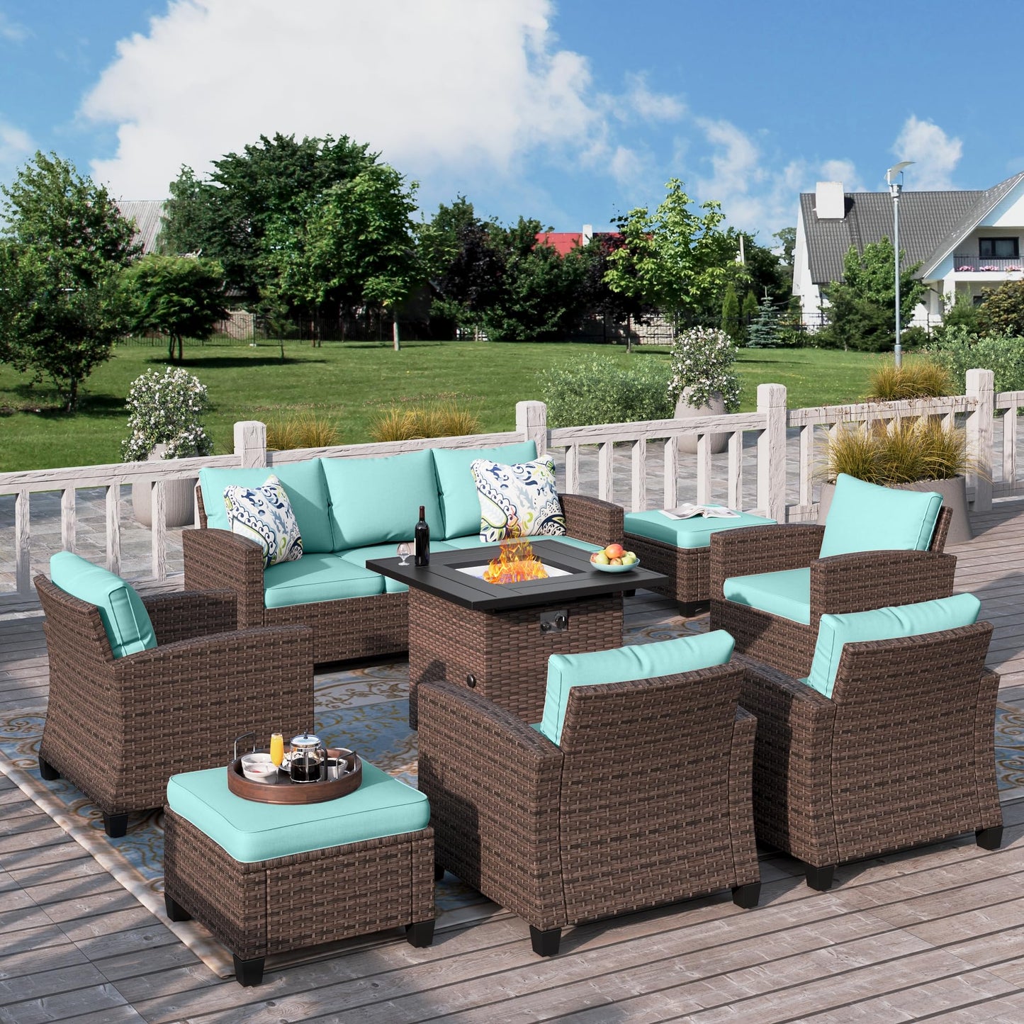 Outdoor Patio Furniture Set, Swivel Rocker Glide Chairs with 56" Fire Pit Table, Wicker Patio Sofa Conversation Set for Backyard Deck