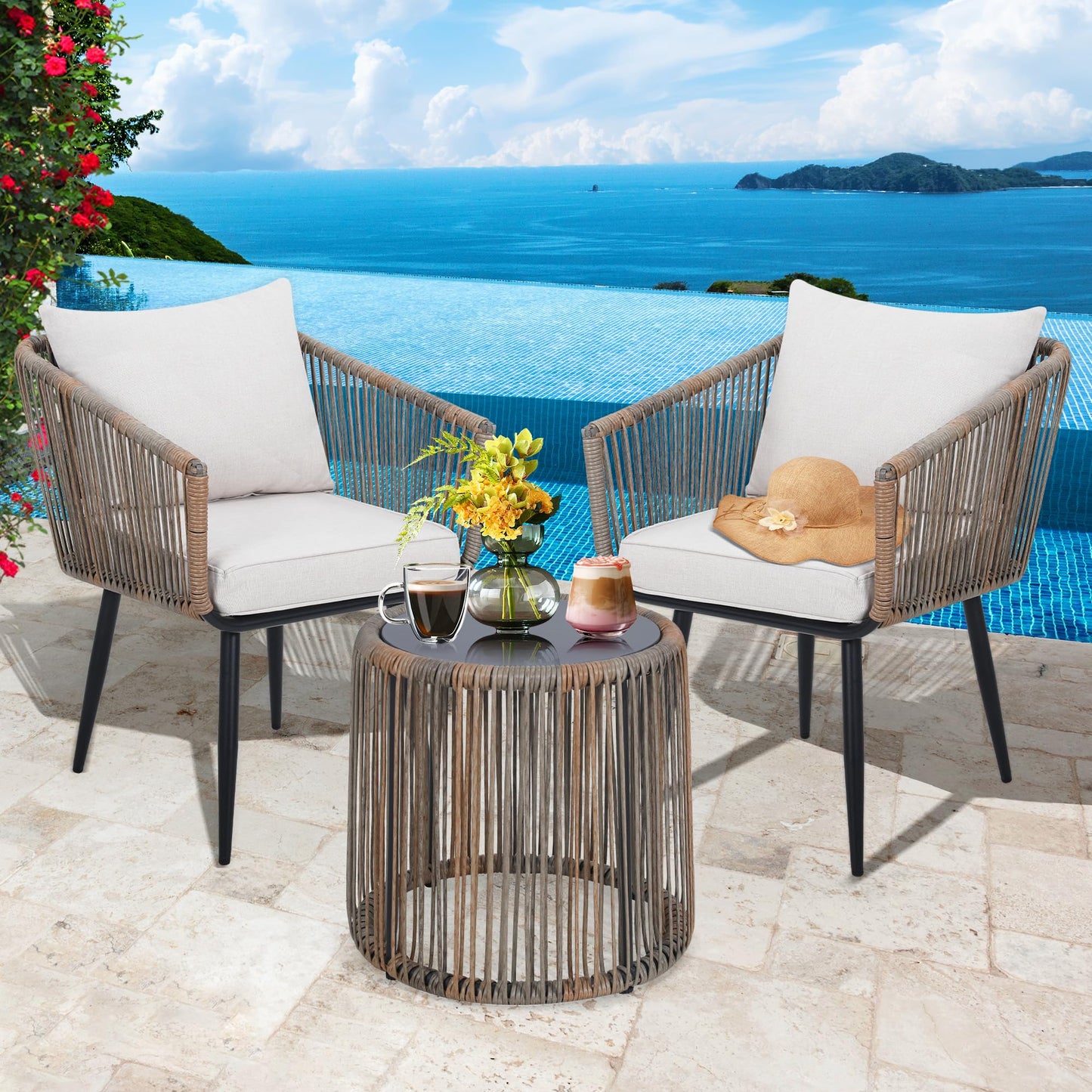 Kromax 3 Pieces Patio Rattan Bistro Conversation Set, Outdoor All-Weather Wicker Furniture Chairs and Side Table Set Ideal for Balcony, Porch and Backyard, Black