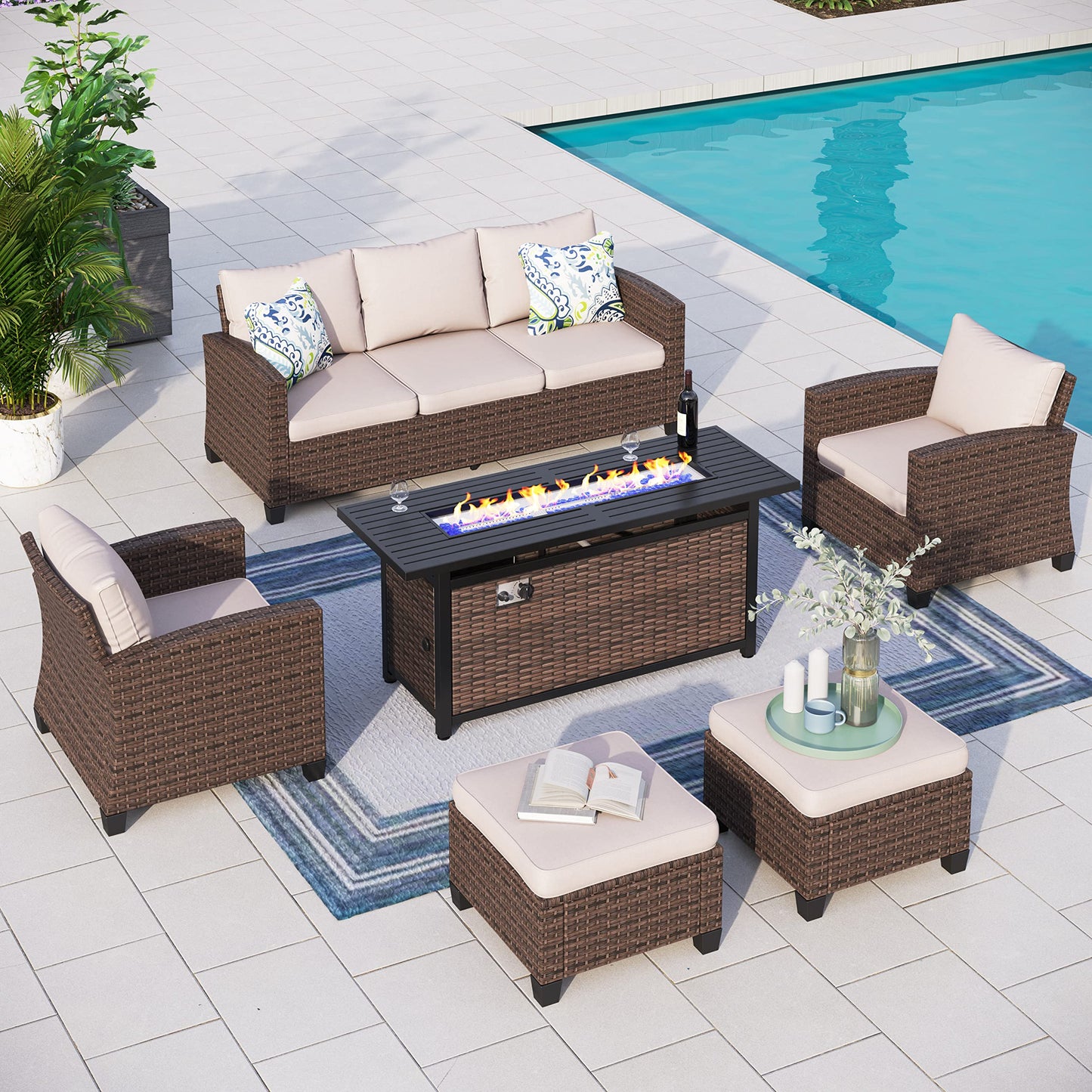 Outdoor Patio Furniture Set, Swivel Rocker Glide Chairs with 56" Fire Pit Table, Wicker Patio Sofa Conversation Set for Backyard Deck