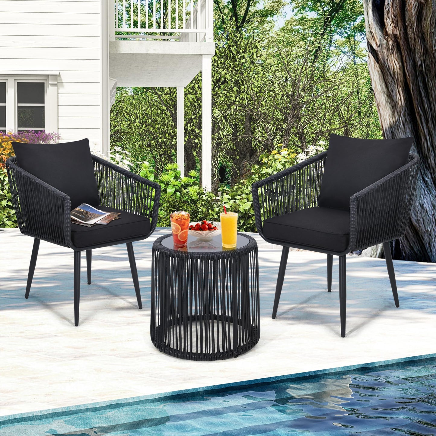 Kromax 3 Pieces Patio Rattan Bistro Conversation Set, Outdoor All-Weather Wicker Furniture Chairs and Side Table Set Ideal for Balcony, Porch and Backyard, Black