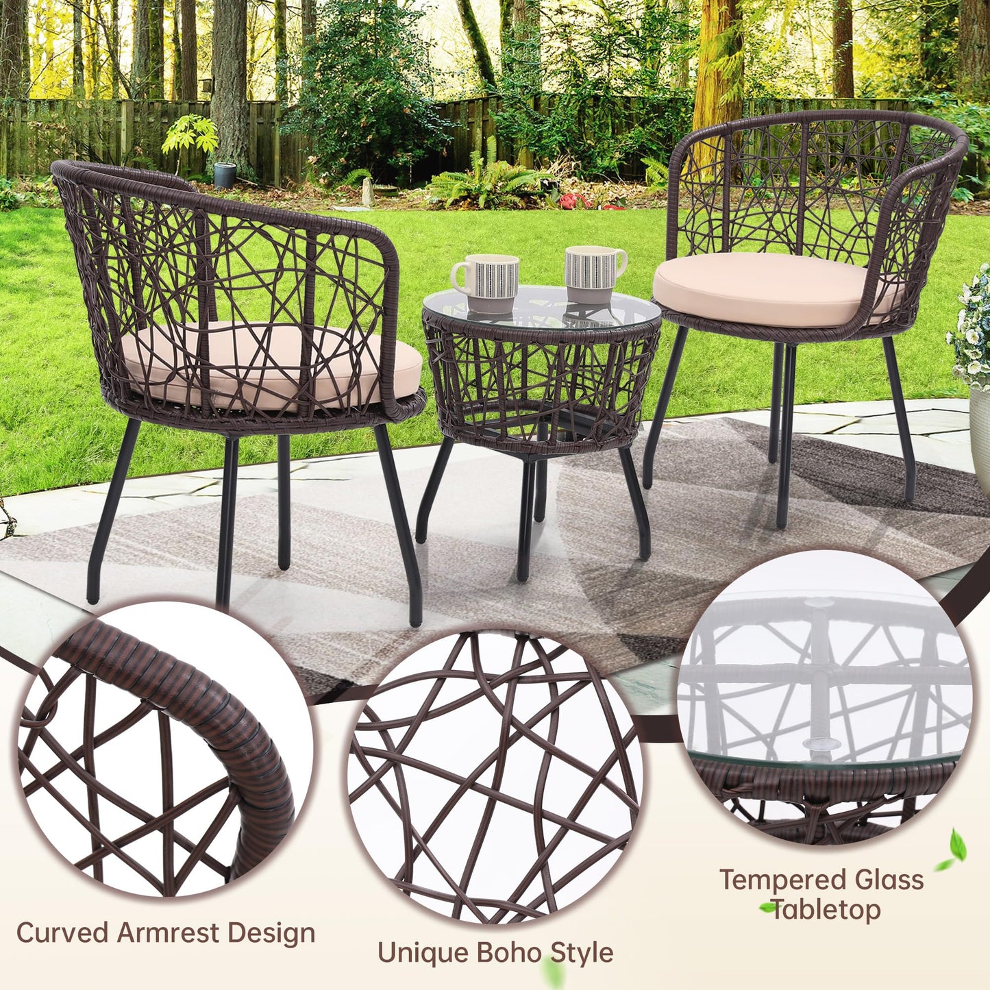 Kromax 3 Pieces Patio Rattan Bistro Conversation Set, Outdoor All-Weather Wicker Furniture Chairs and Side Table Set Ideal for Balcony, Porch and Backyard, Black